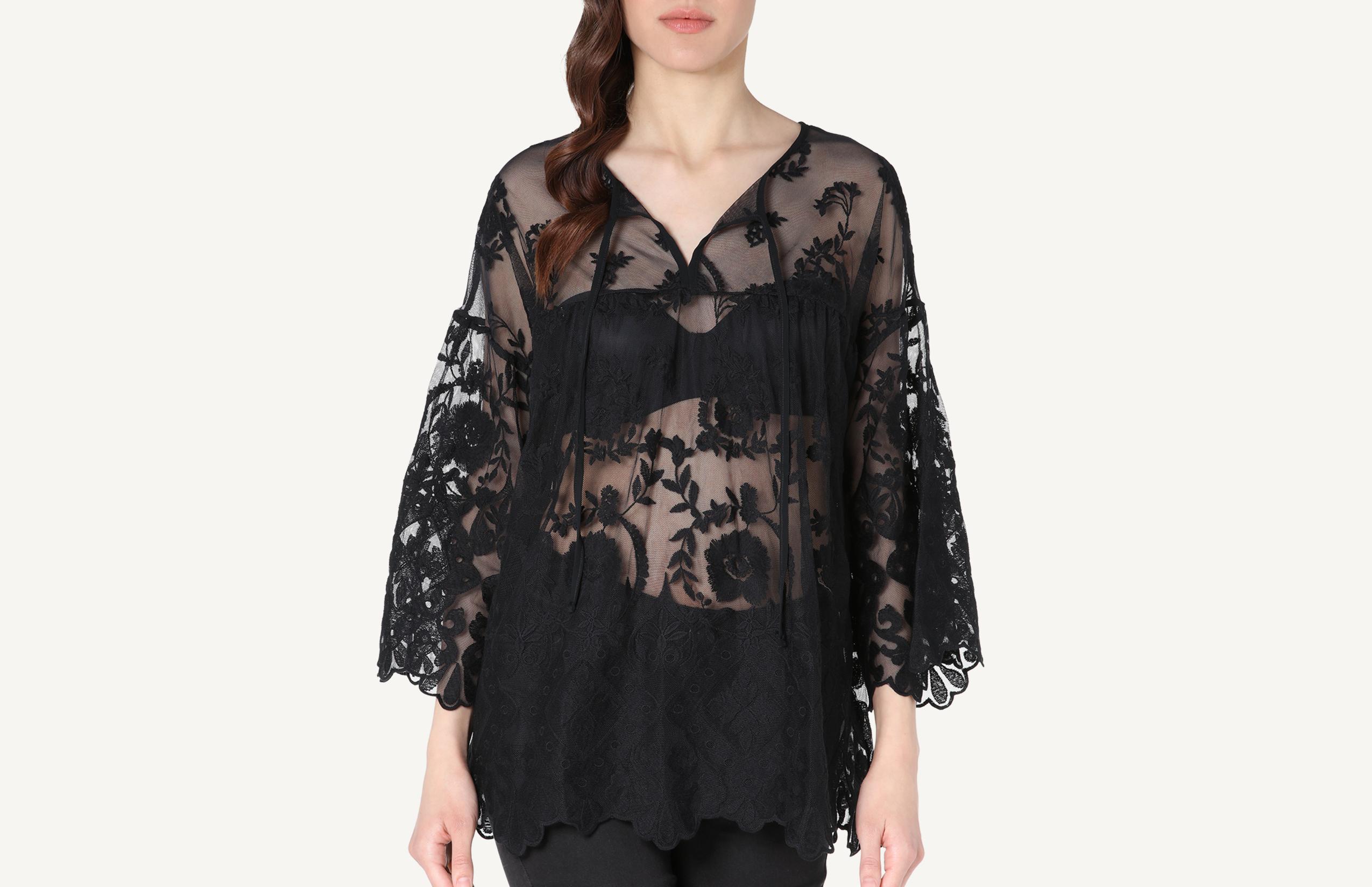 blusa de manga 3/4 em tule bordado - preto