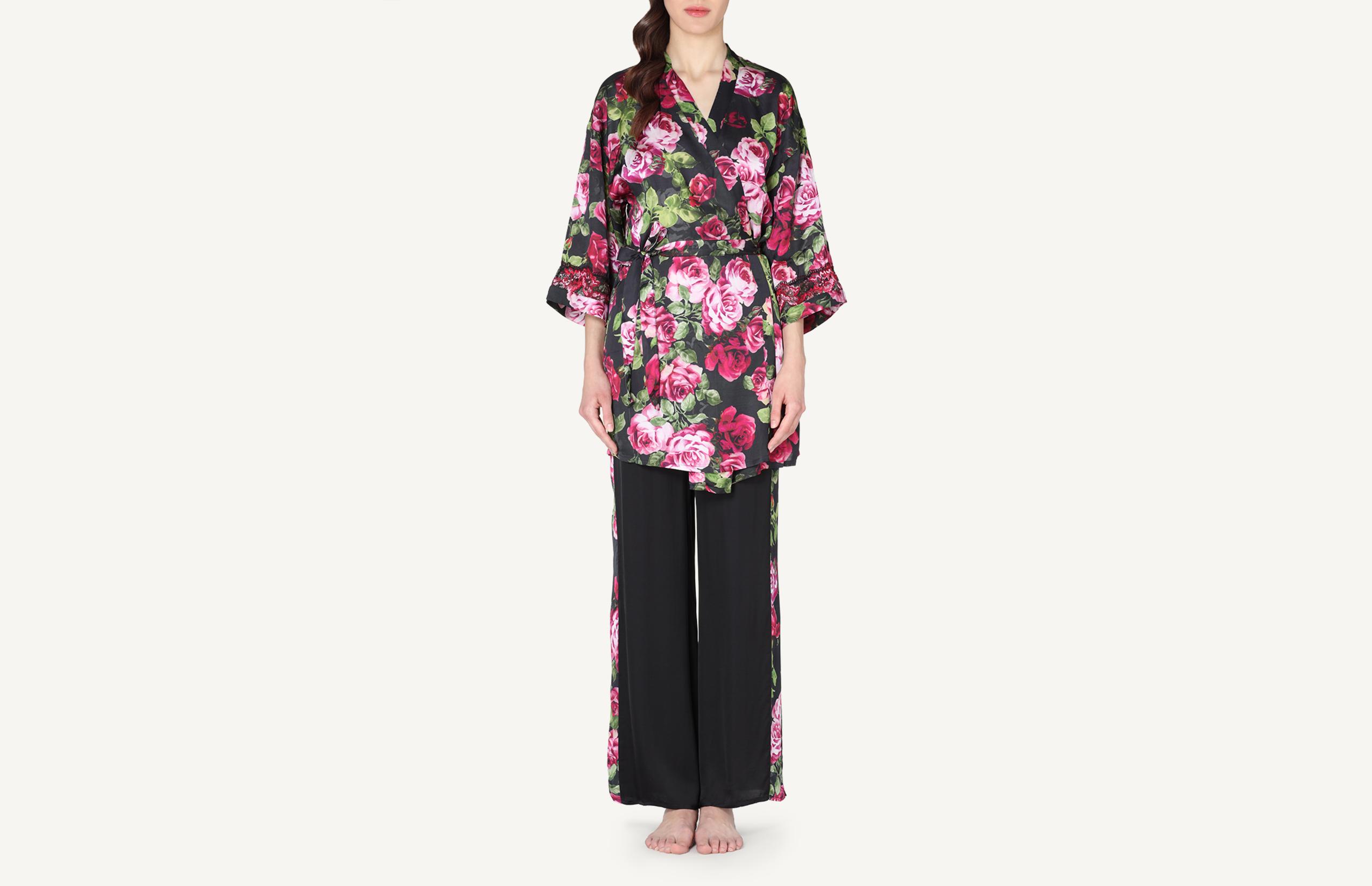 robe em cetim de viscose roses garden - preto