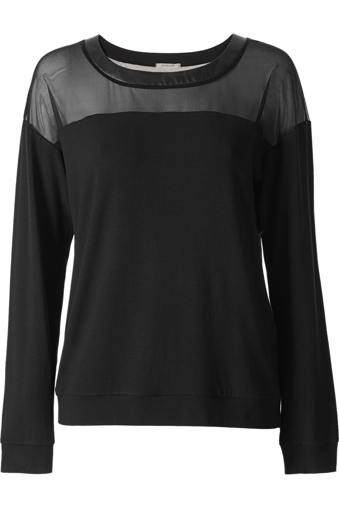 blusa de manga comprida com aplicação em tule e couro ecológico - preto