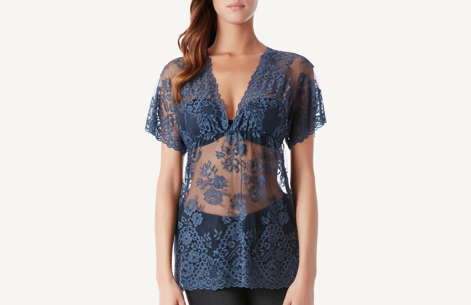 blusa de renda com decote em v - azul