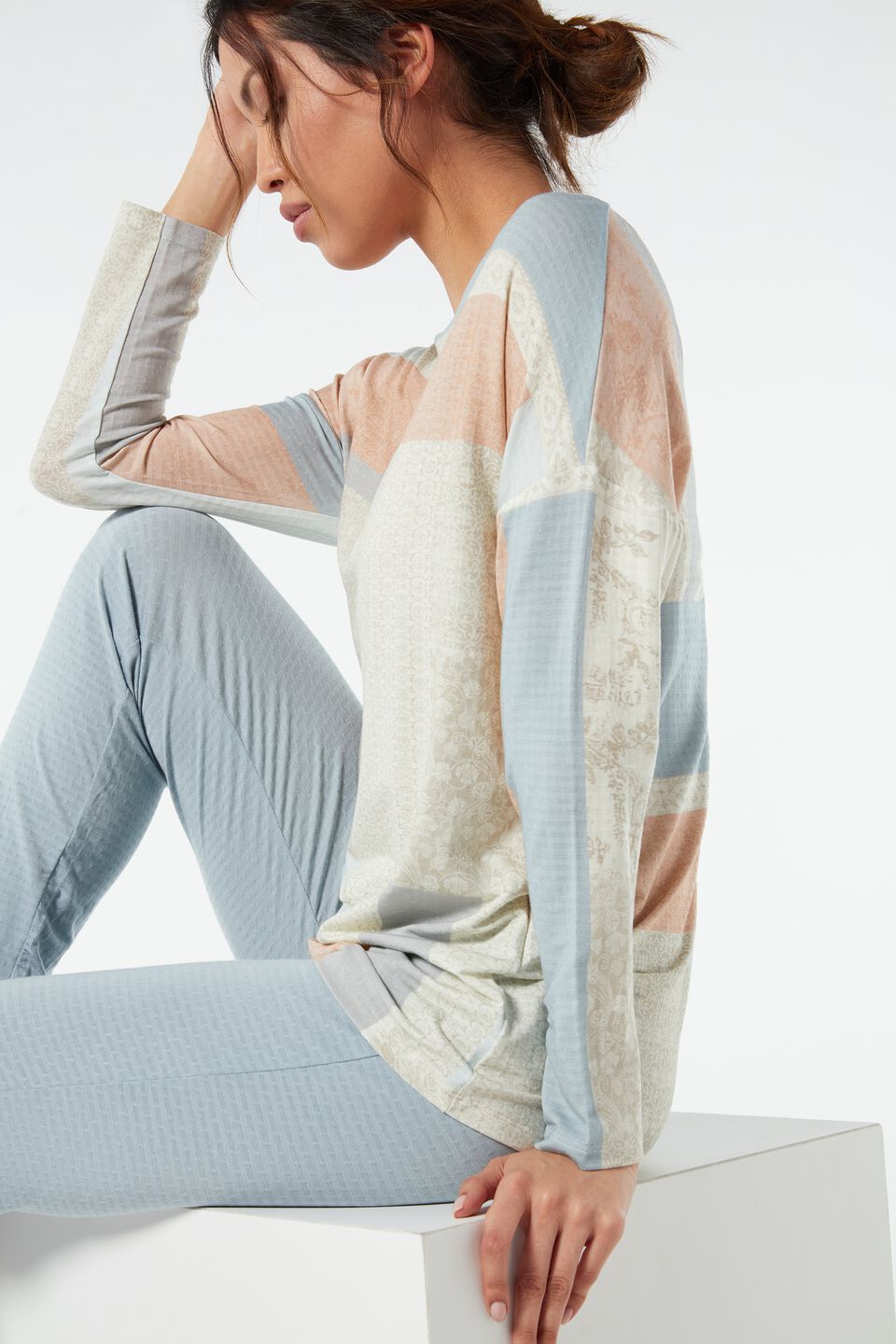 pijama comprido em modal com estampa jacquard - azul