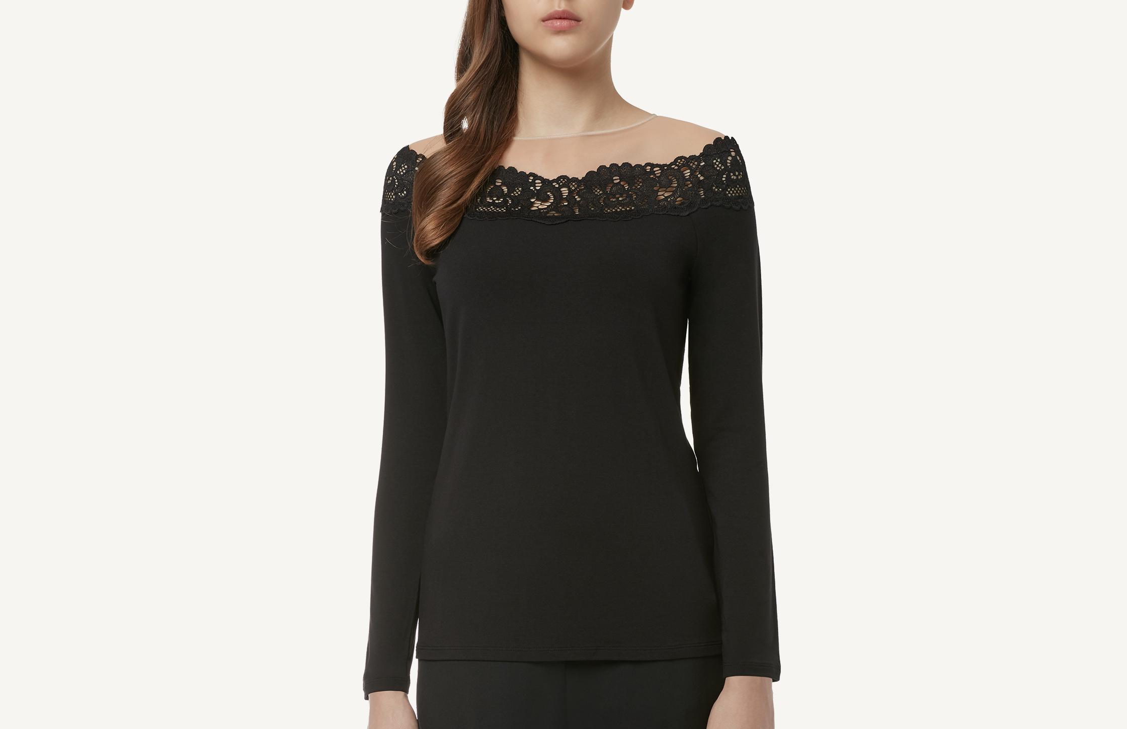 blusa de modal com tule efeito nu - preto