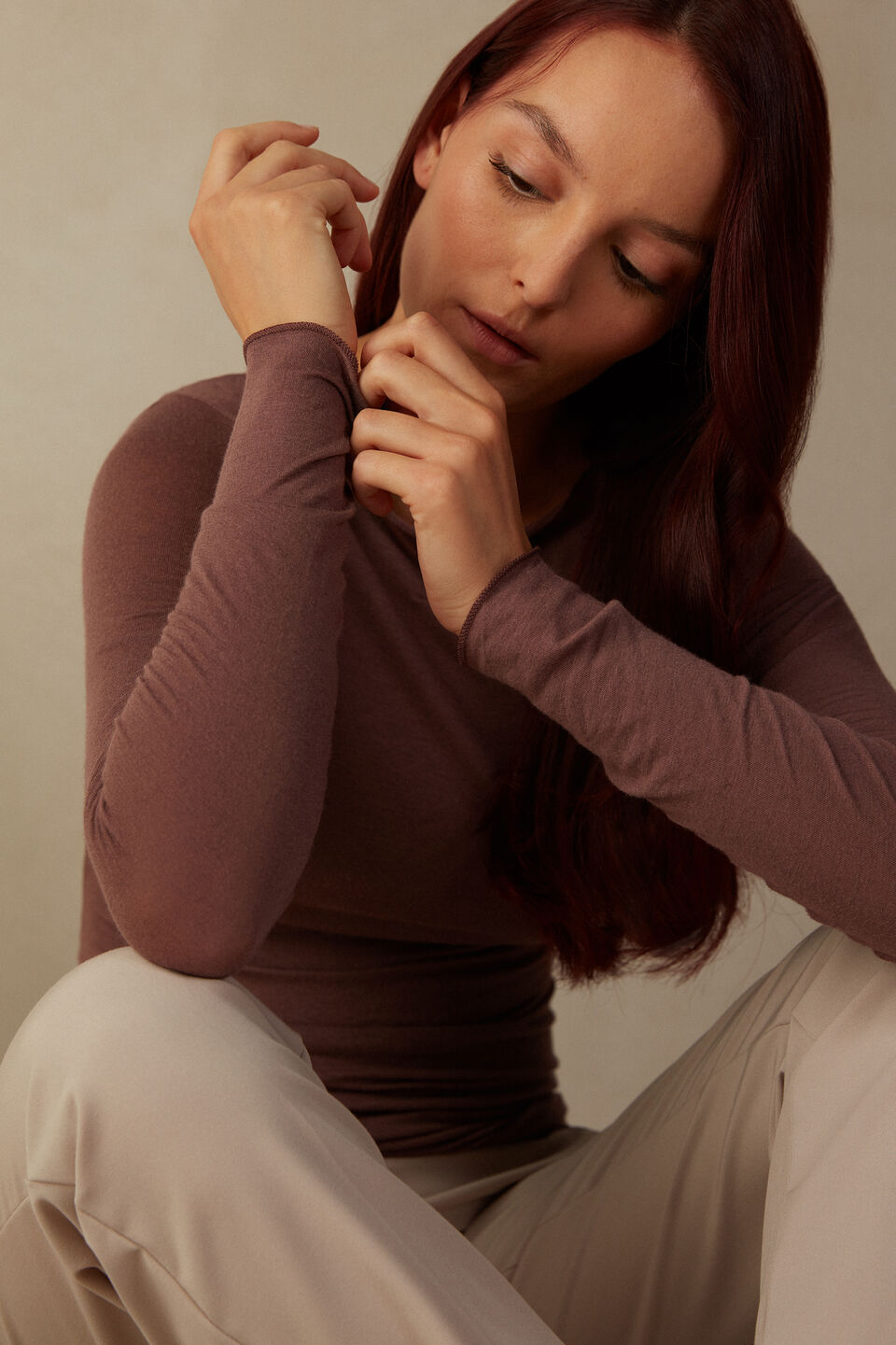 blusa manga comprida em cashmere ultralight - marrom