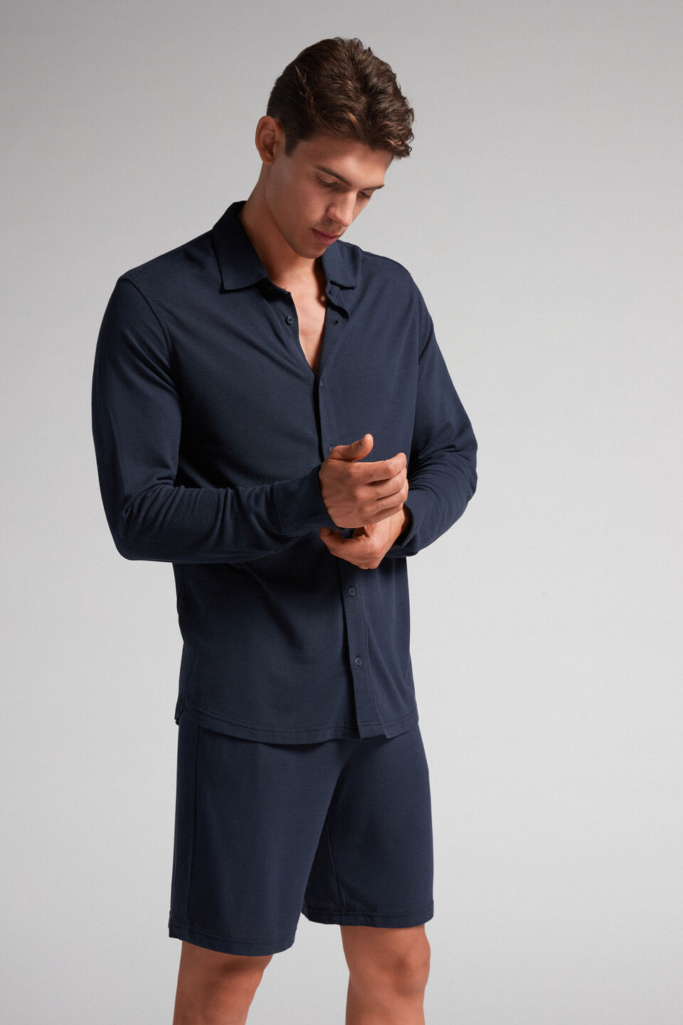 camisa em piquet de modal e seda - azul