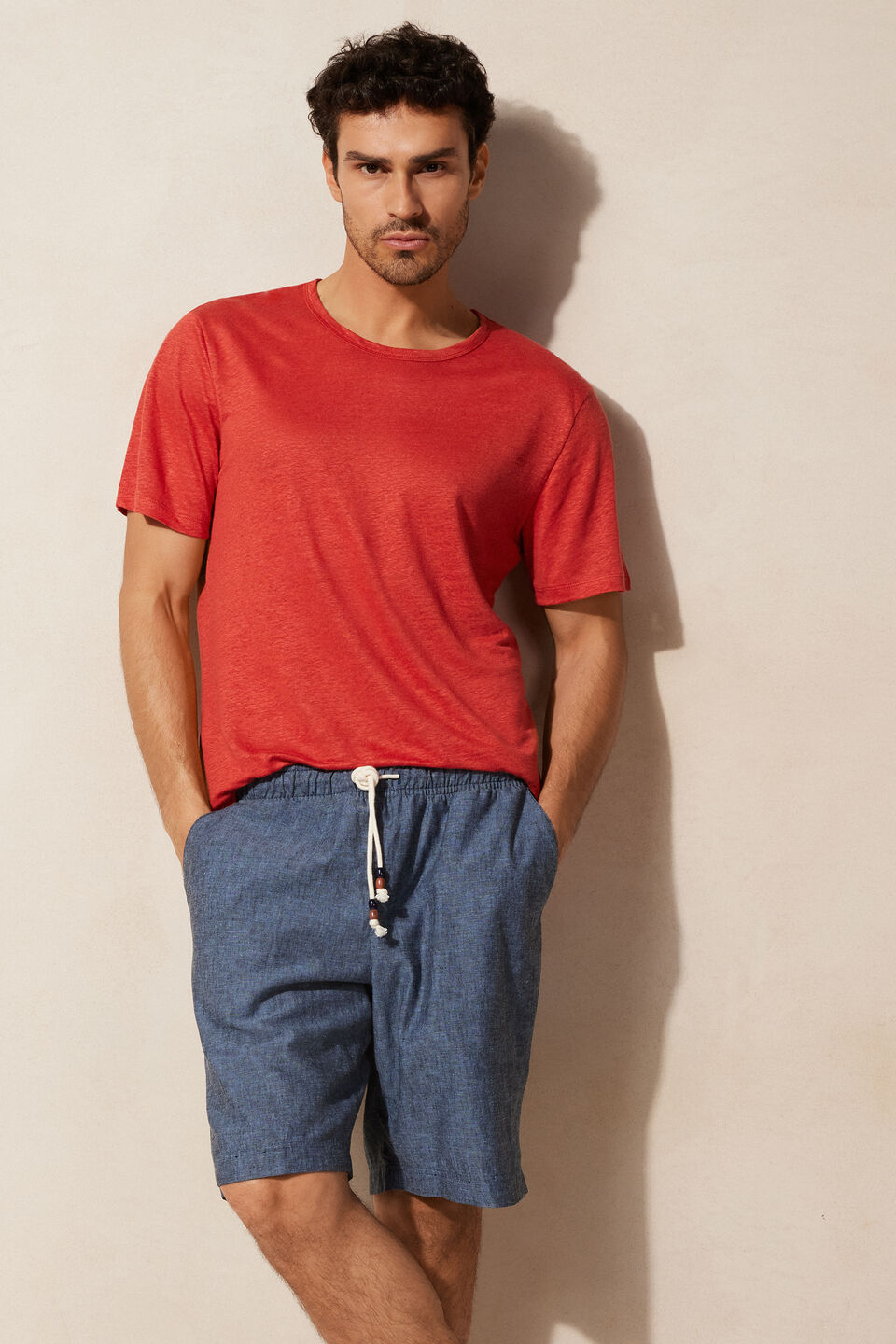 bermuda em linho e algodão - azul