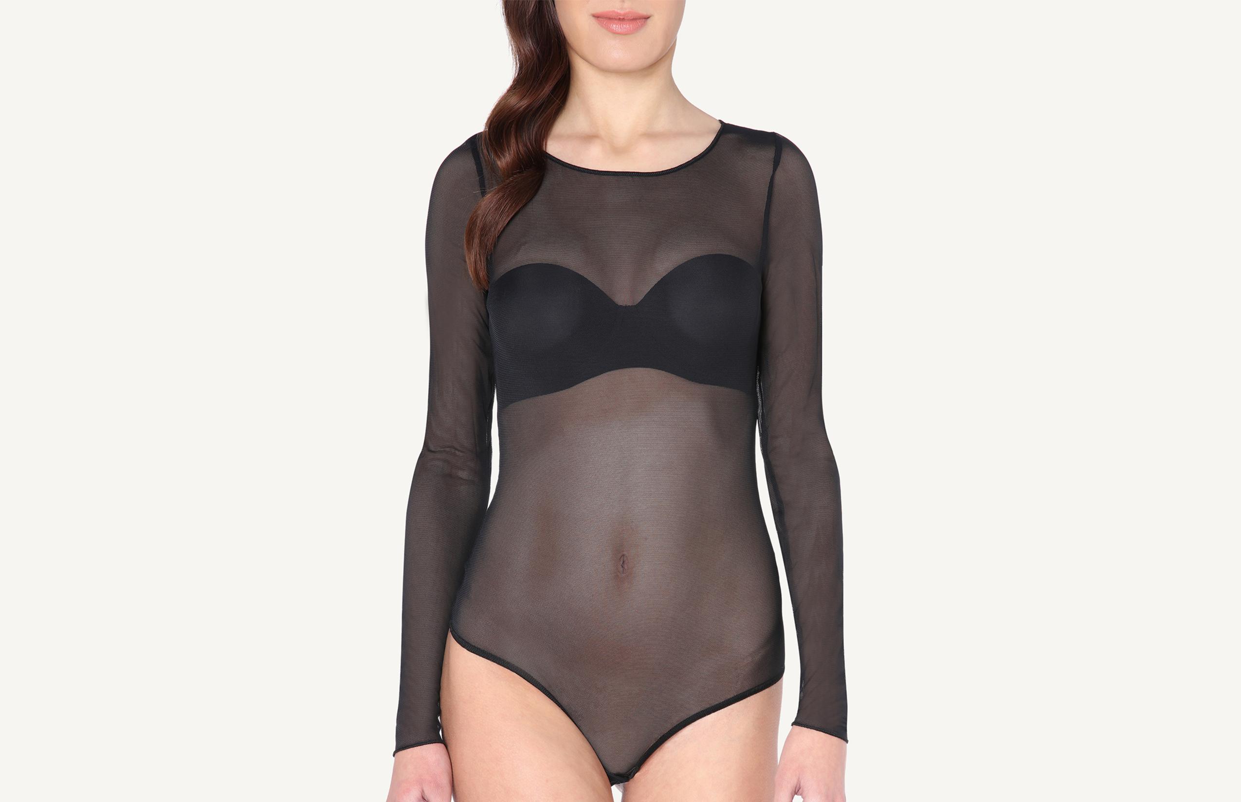 body de manga comprida em tule - preto