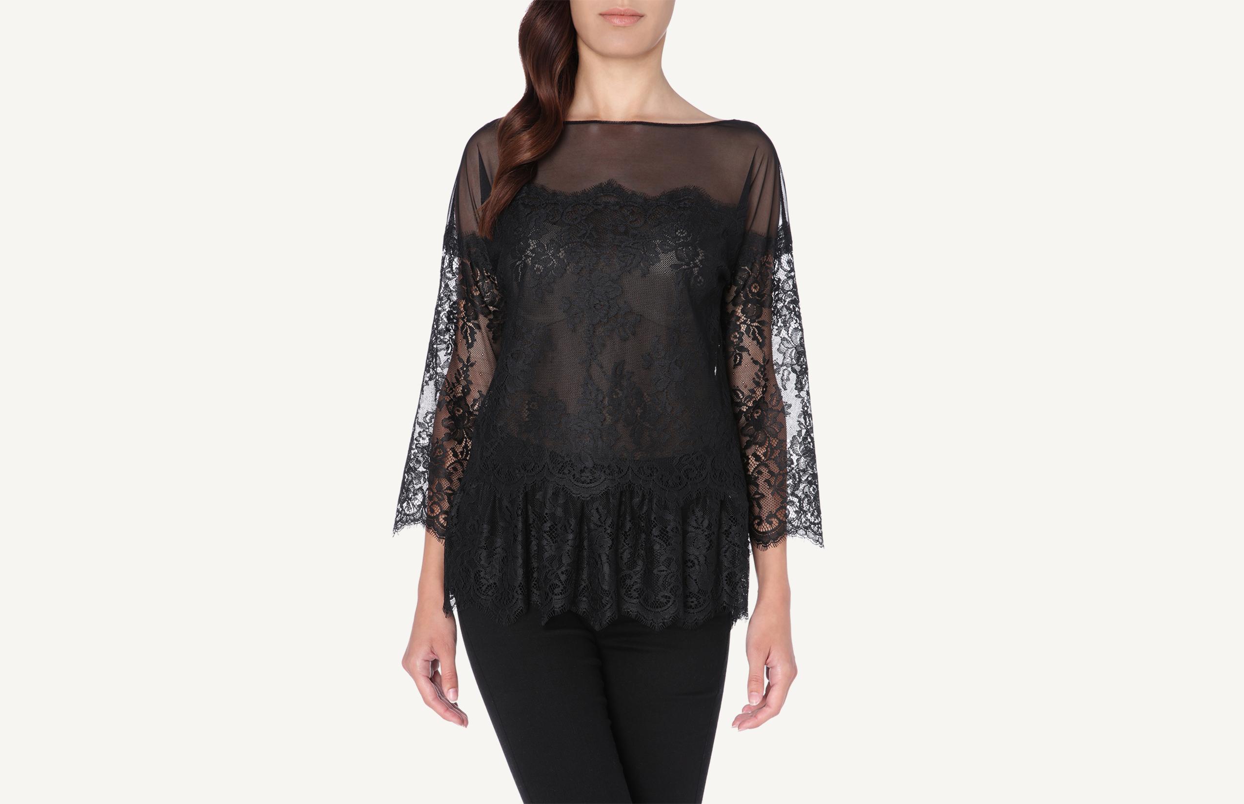 blusa de manga 3/4 em tule e renda - preto