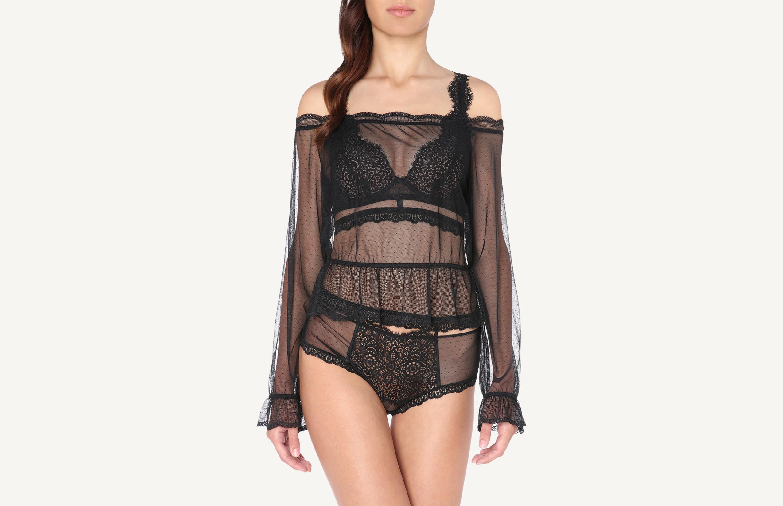 blusa cropped de manga comprida em tule plumetis - preto