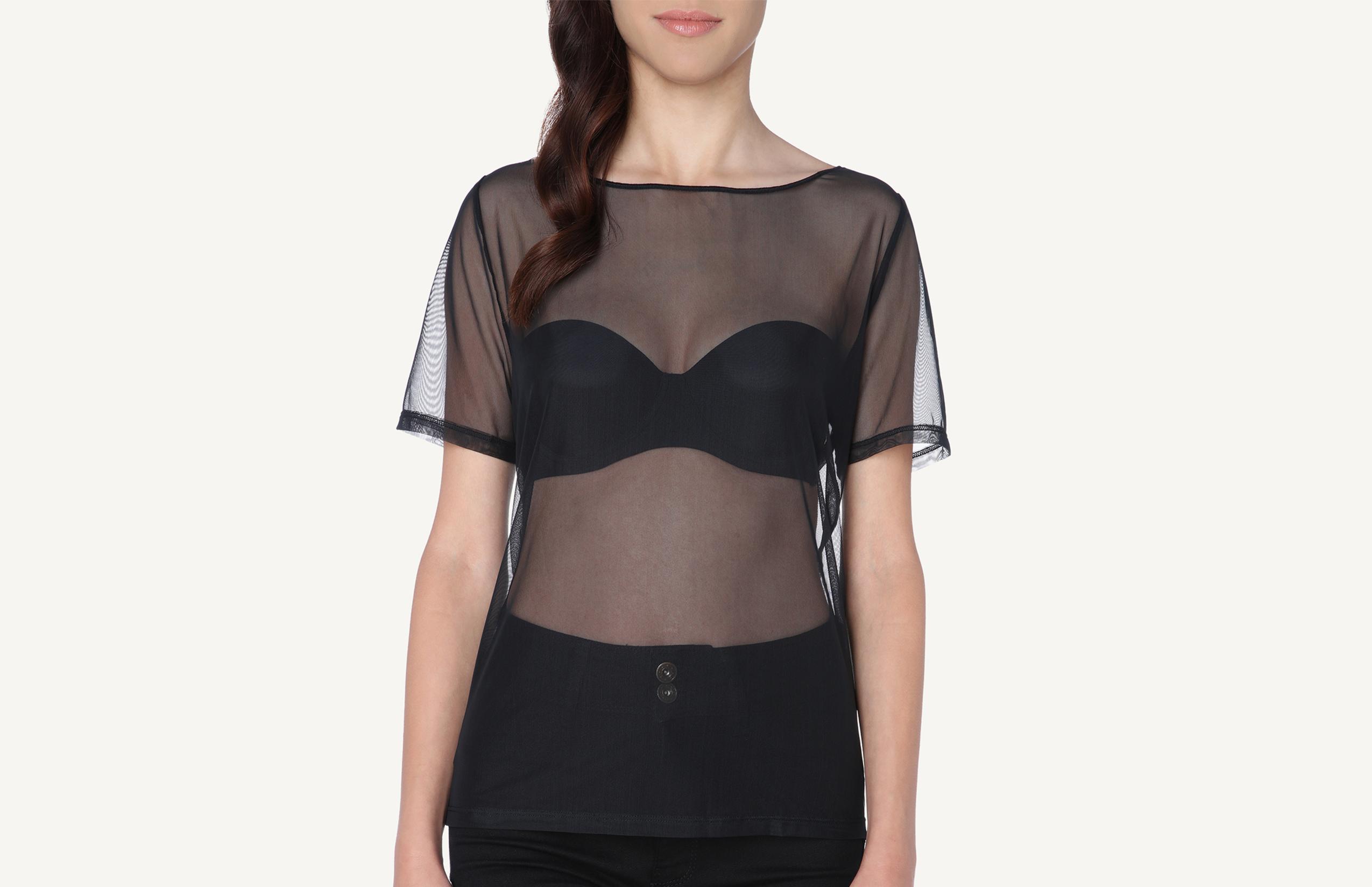 blusa de manga curta em tule - preto