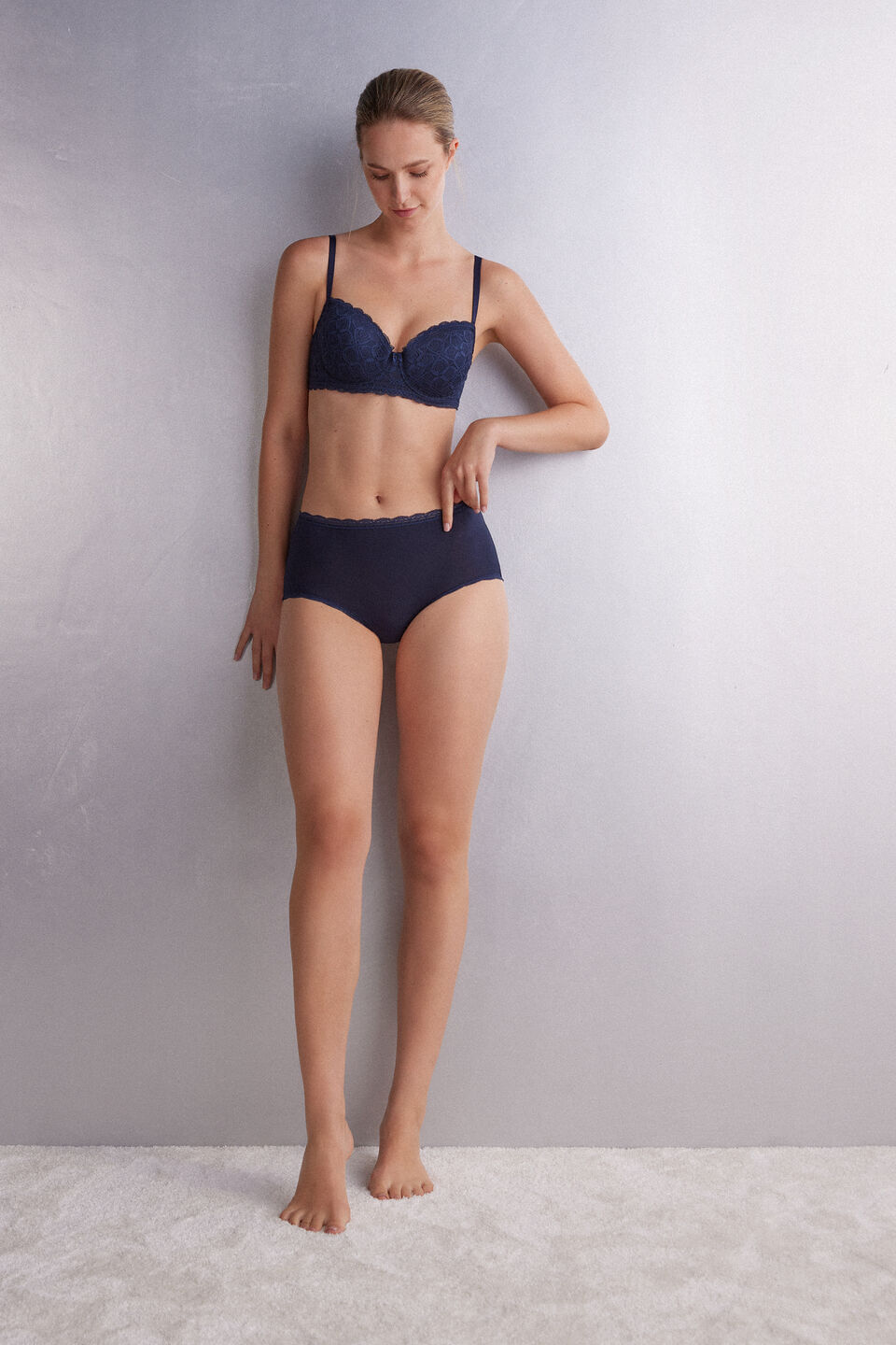 calcinha de cintura alta em algodão e renda - azul
