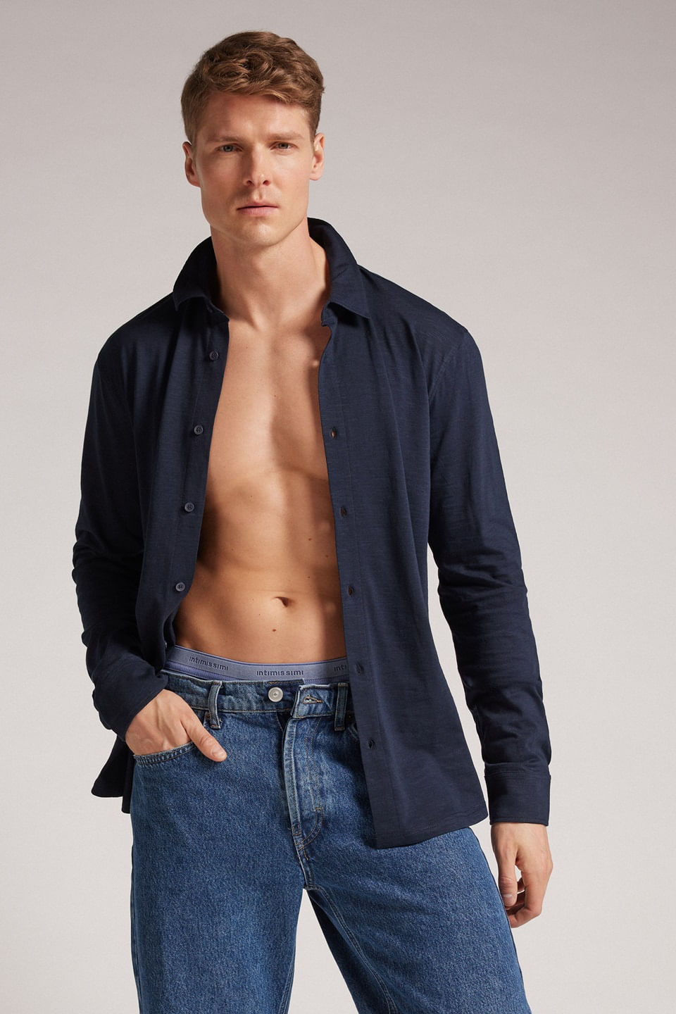 camisa manga comprida em algodão slub - azul