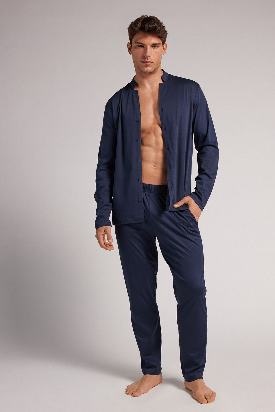 pijama comprido aberto na frente em algodão - azul