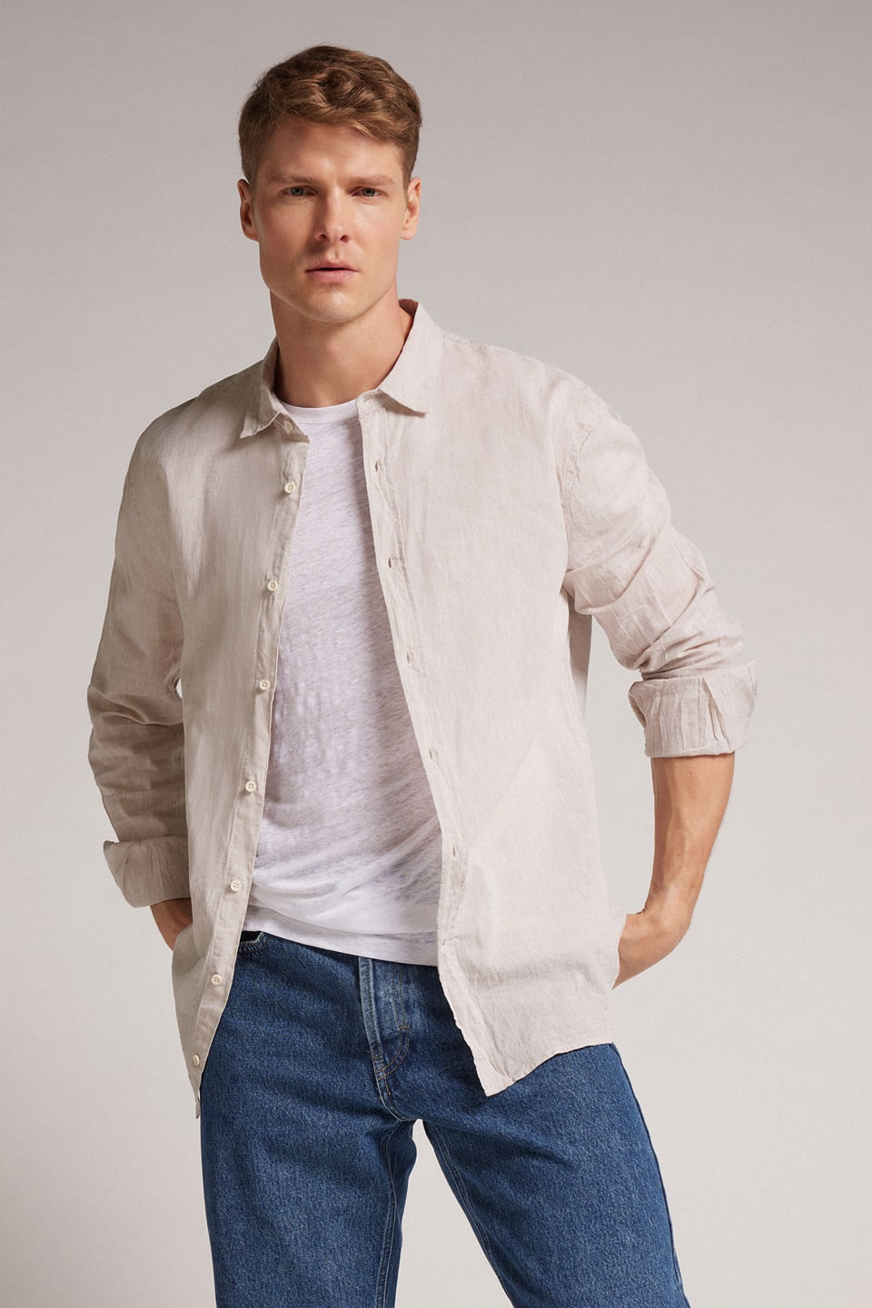 camisa em linho e algodão - off-white