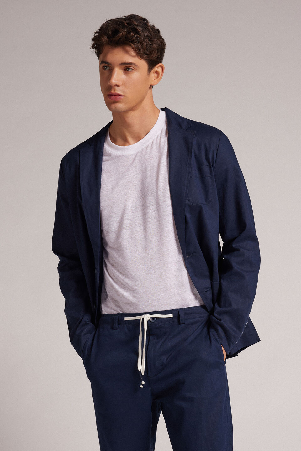 blazer em linho e algodão - azul