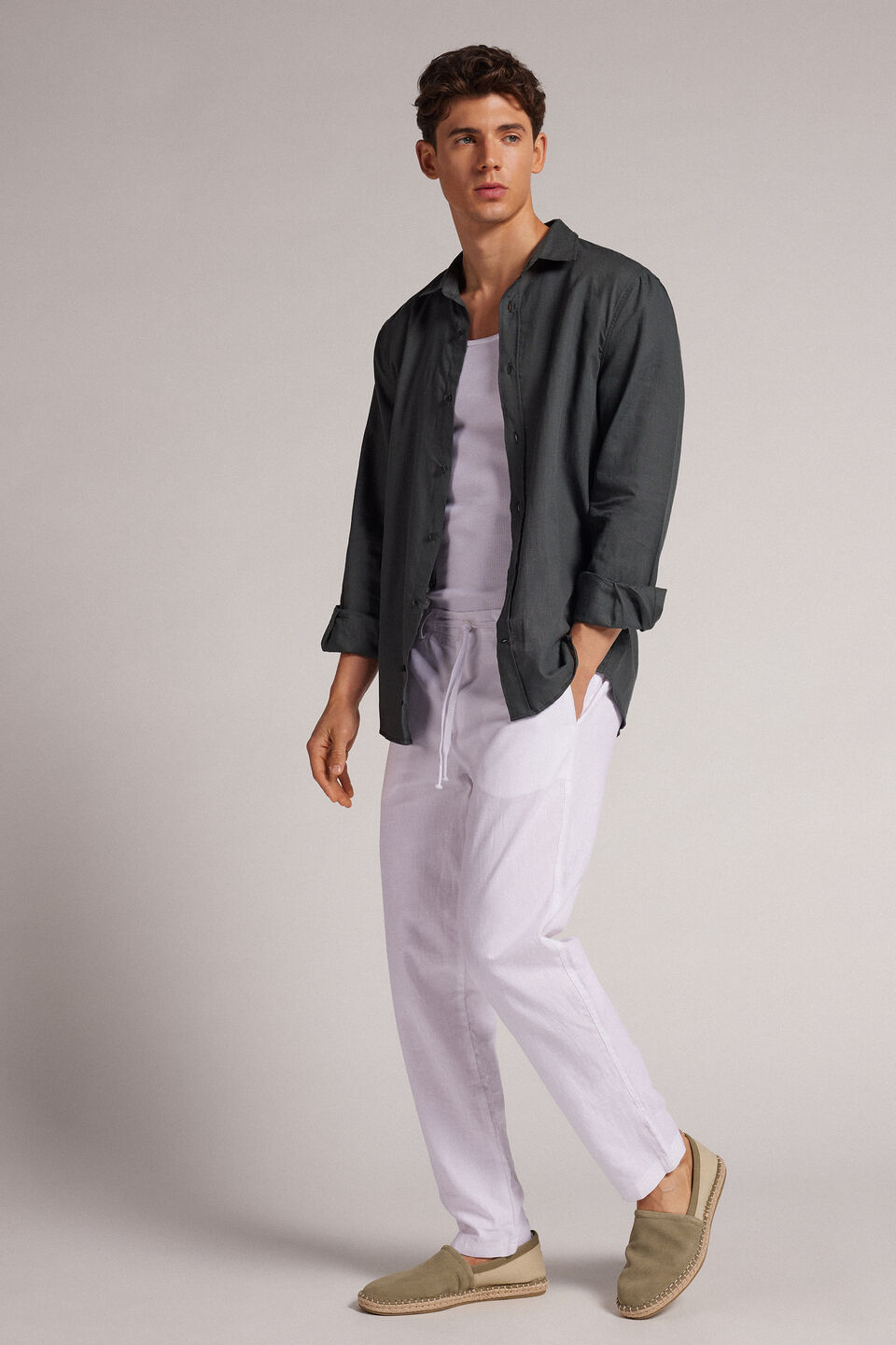 camisa em linho e algodão - verde