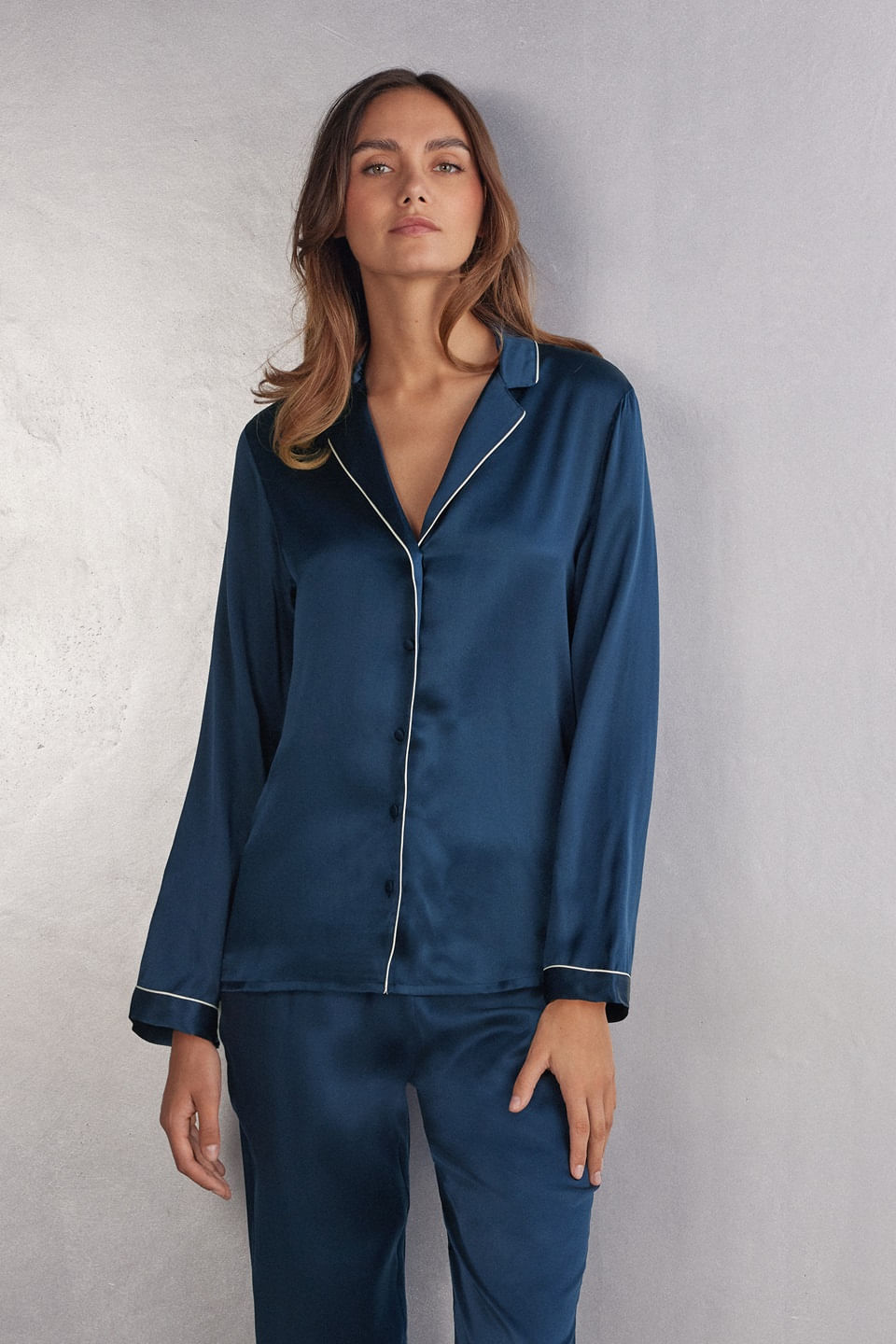 camisa de manga comprida em seda - azul