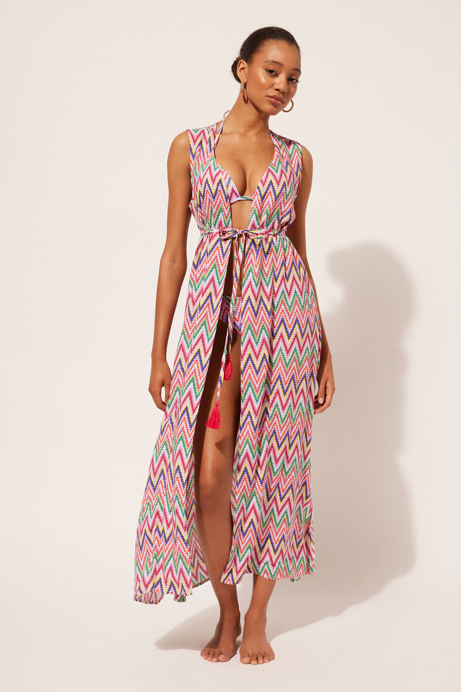 kimono longo multicolor chevron - rosa