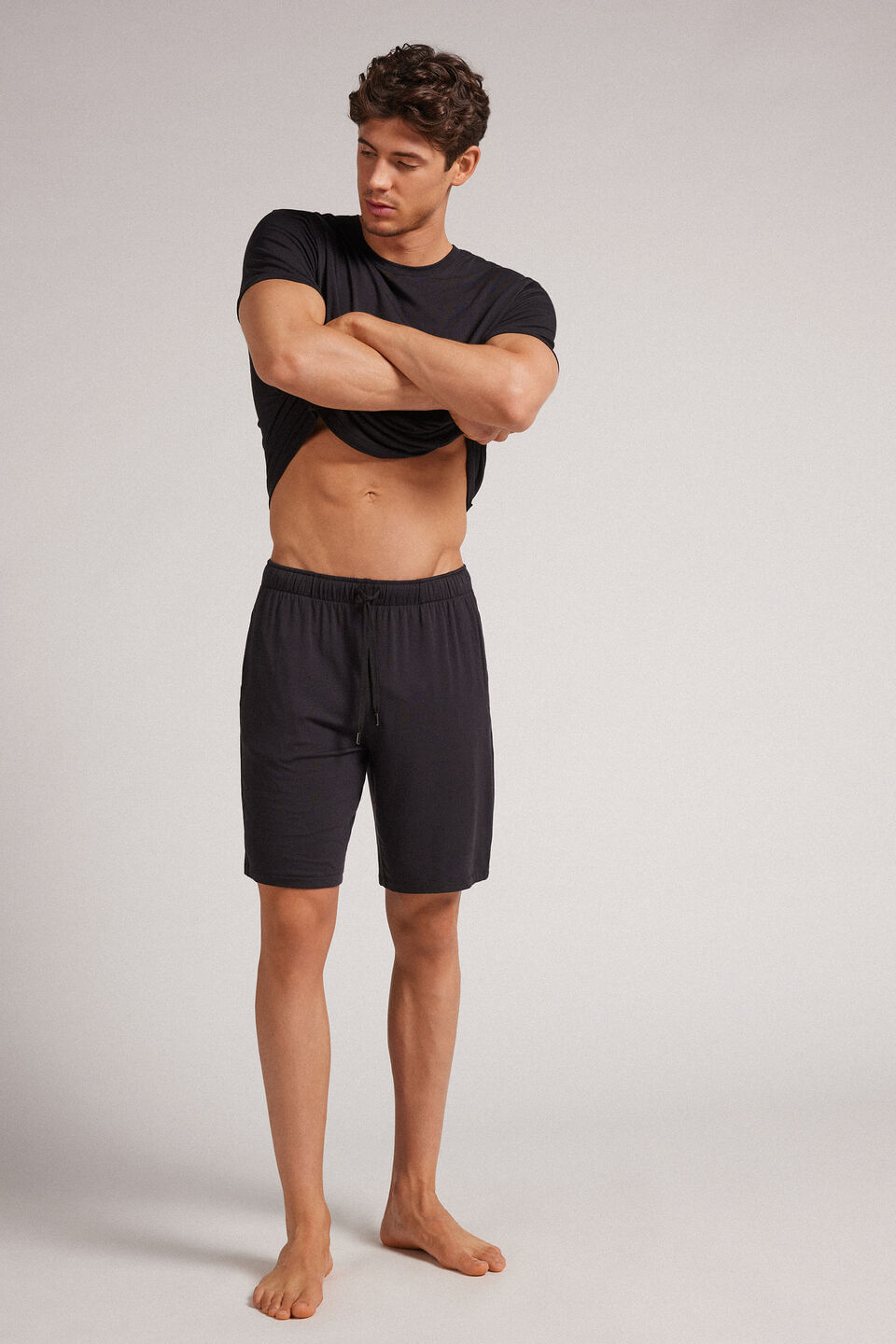 bermuda em seda e modal - preto