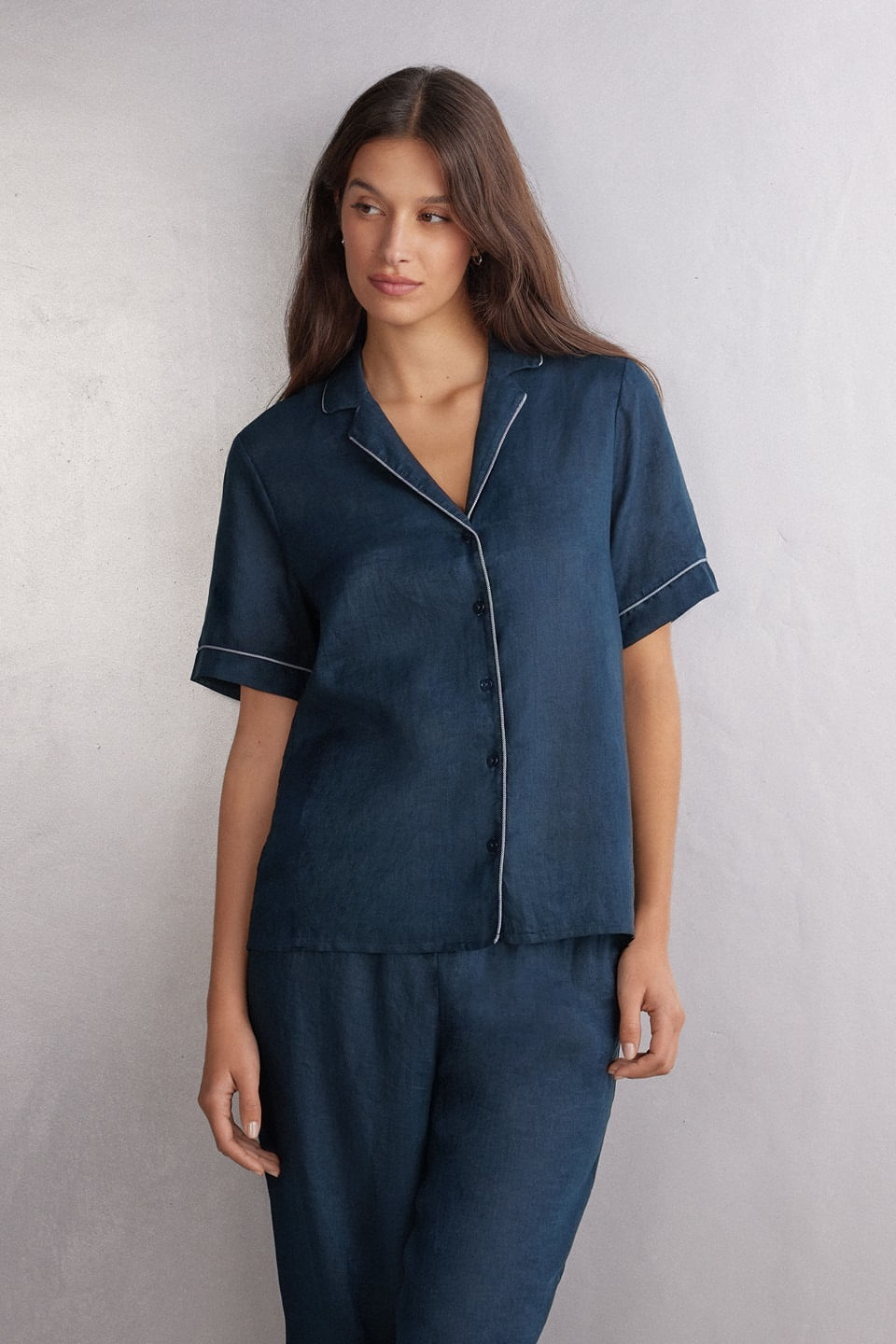 camisa manga curta em linho yacht night - azul