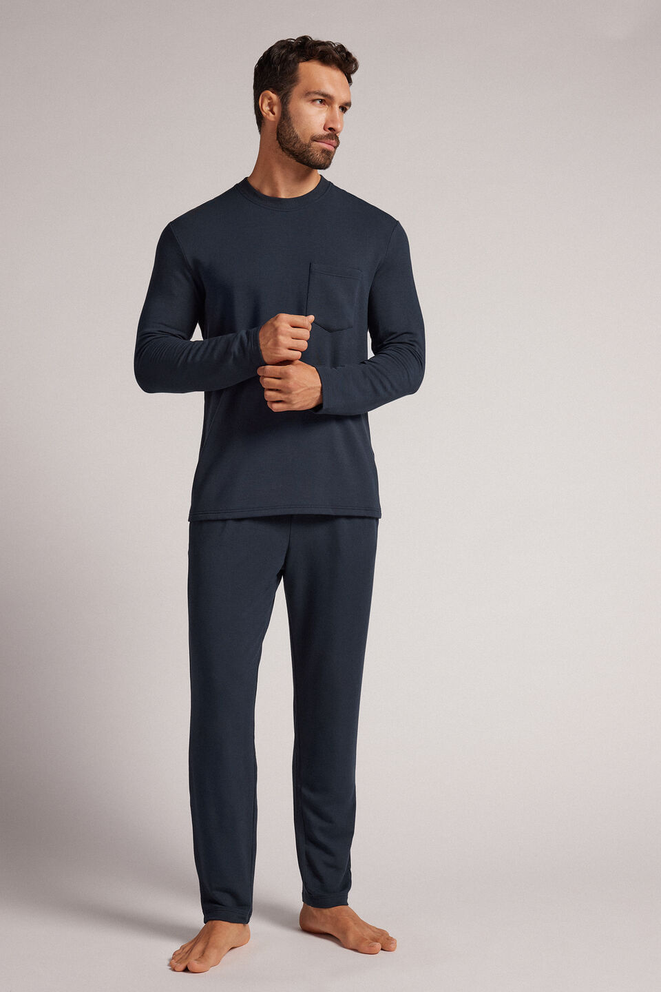 pijama comprido em felpa de modal - azul