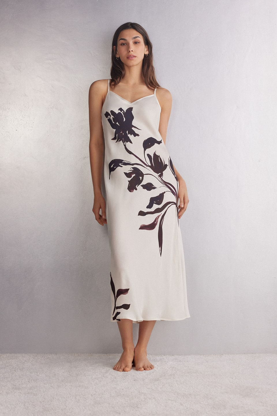 camisola longa em cetim de viscose sleepless nights - marfim