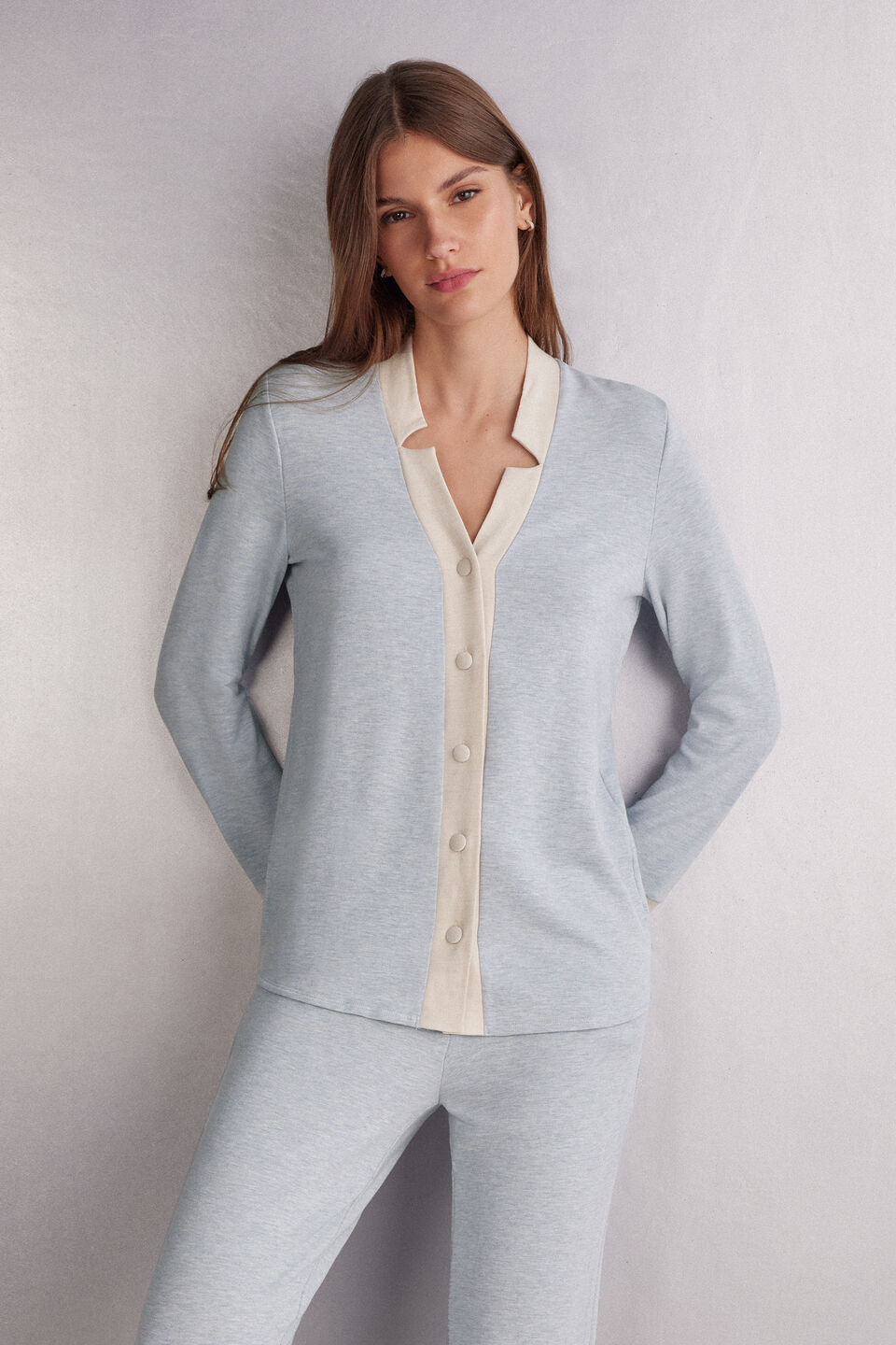 camisa de manga comprida em modal com lã cold winter night - azul