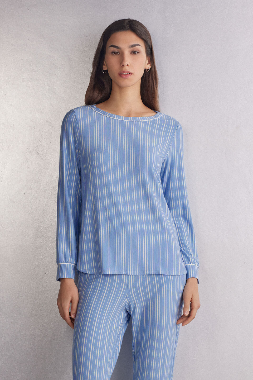 blusa de manga comprida em modal oxford stripes - azul