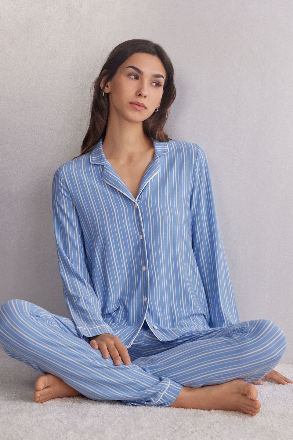 camisa de manga comprida em modal oxford stripes - azul