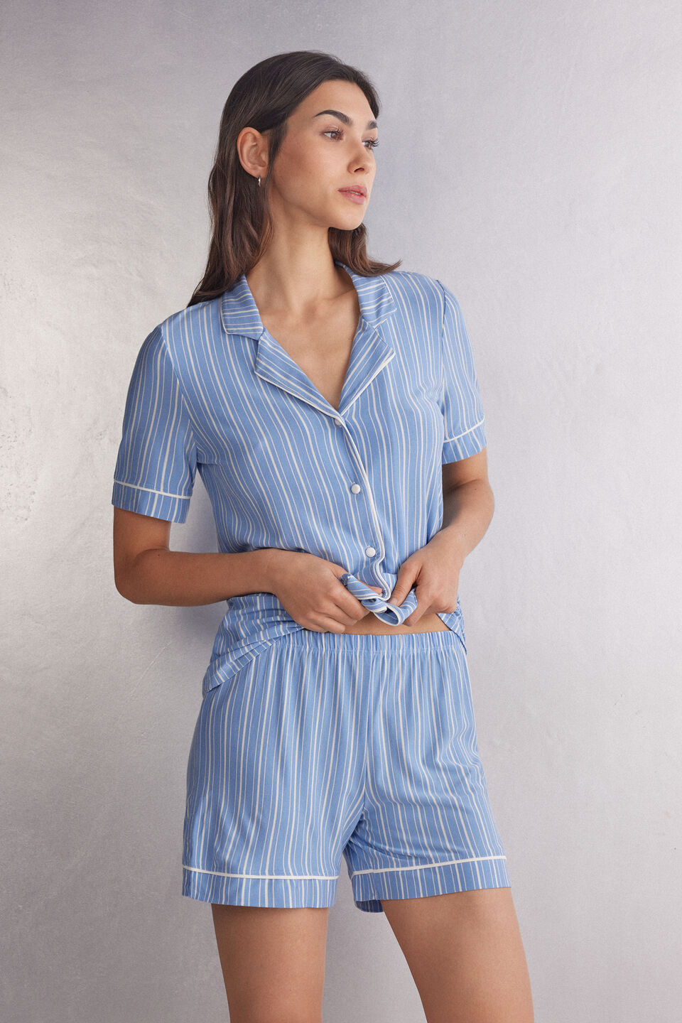 shorts em modal oxford stripes - azul