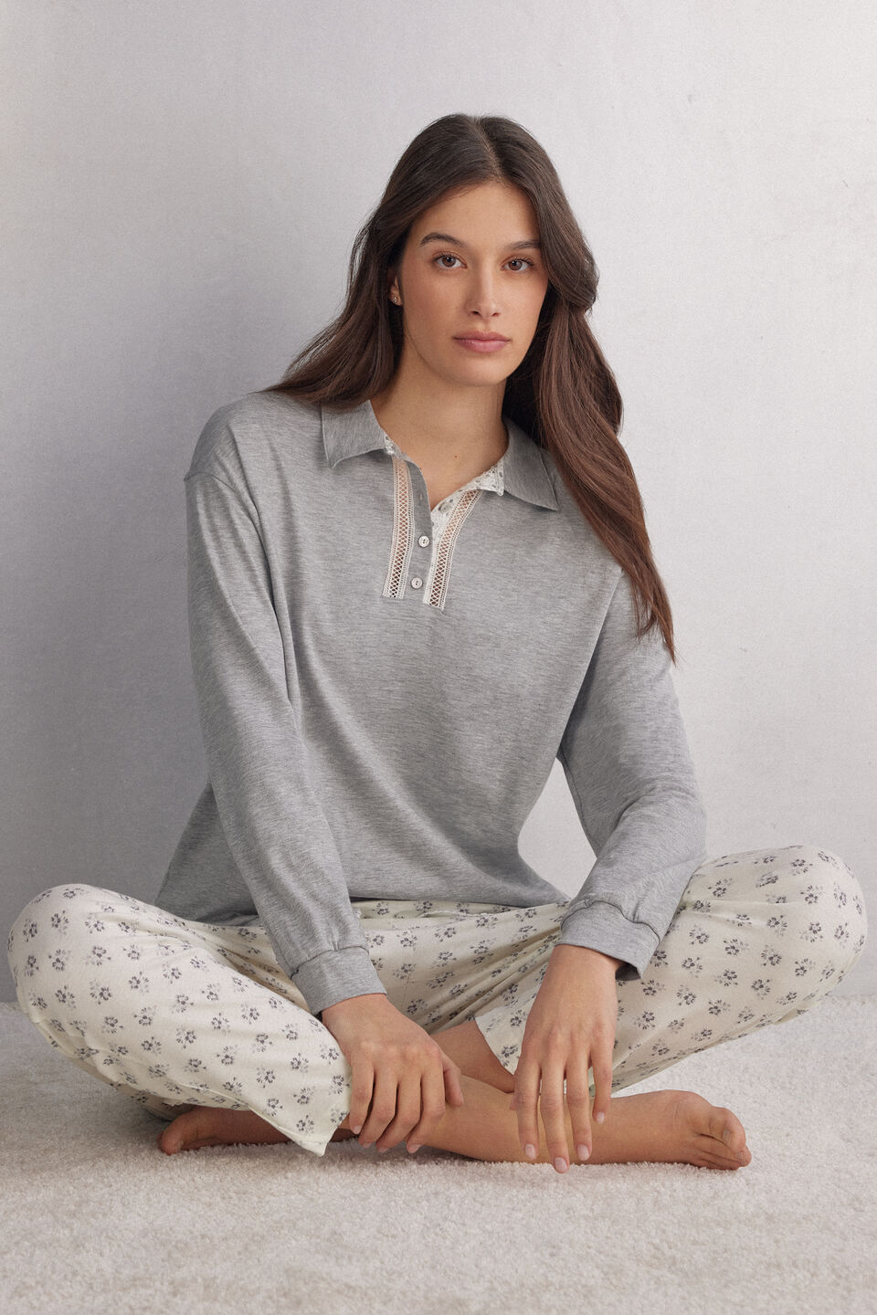 blusa de manga comprida dusty flower algodão supima - cinza