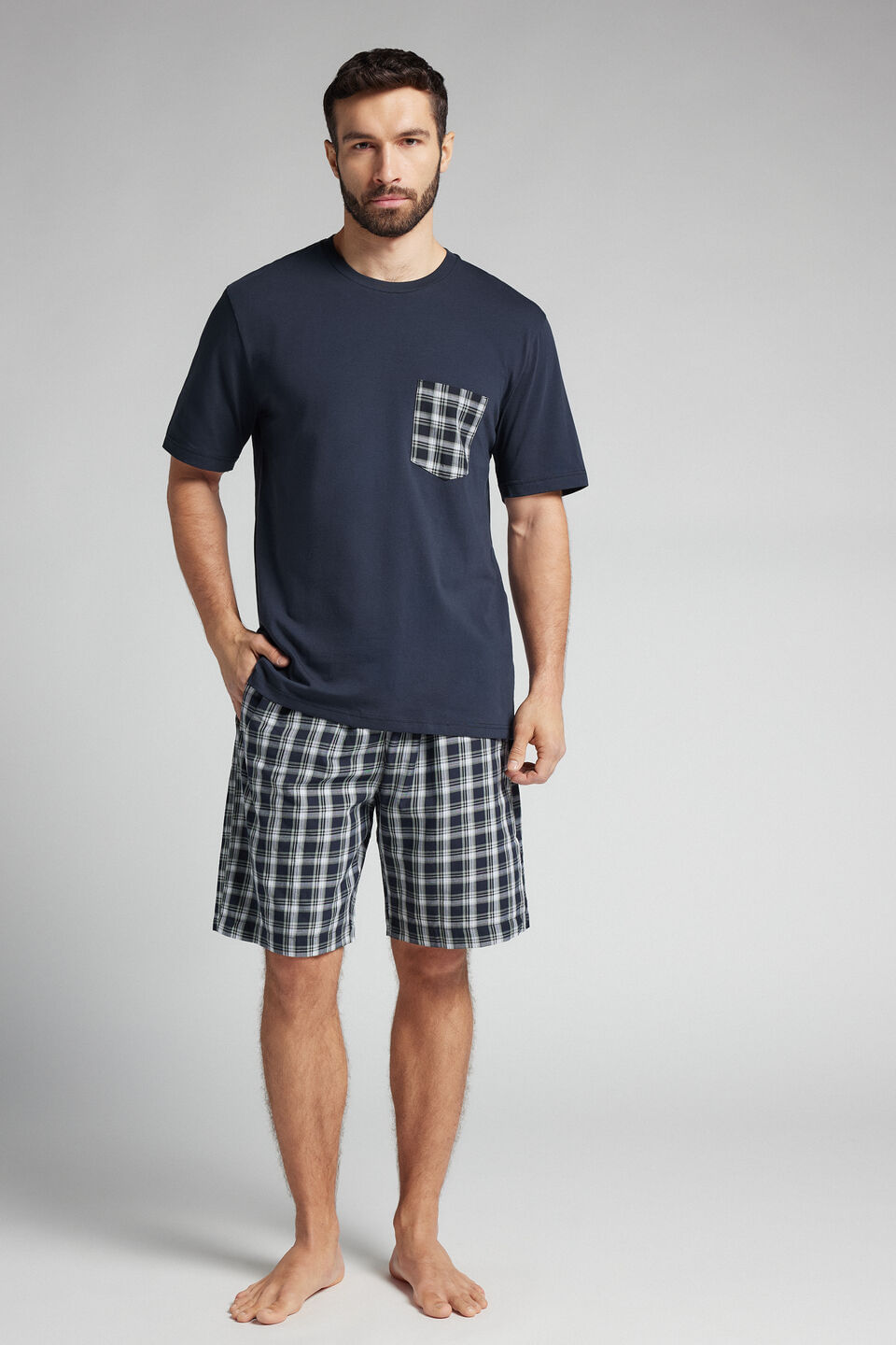 pijama curto xadrez em algodão - azul