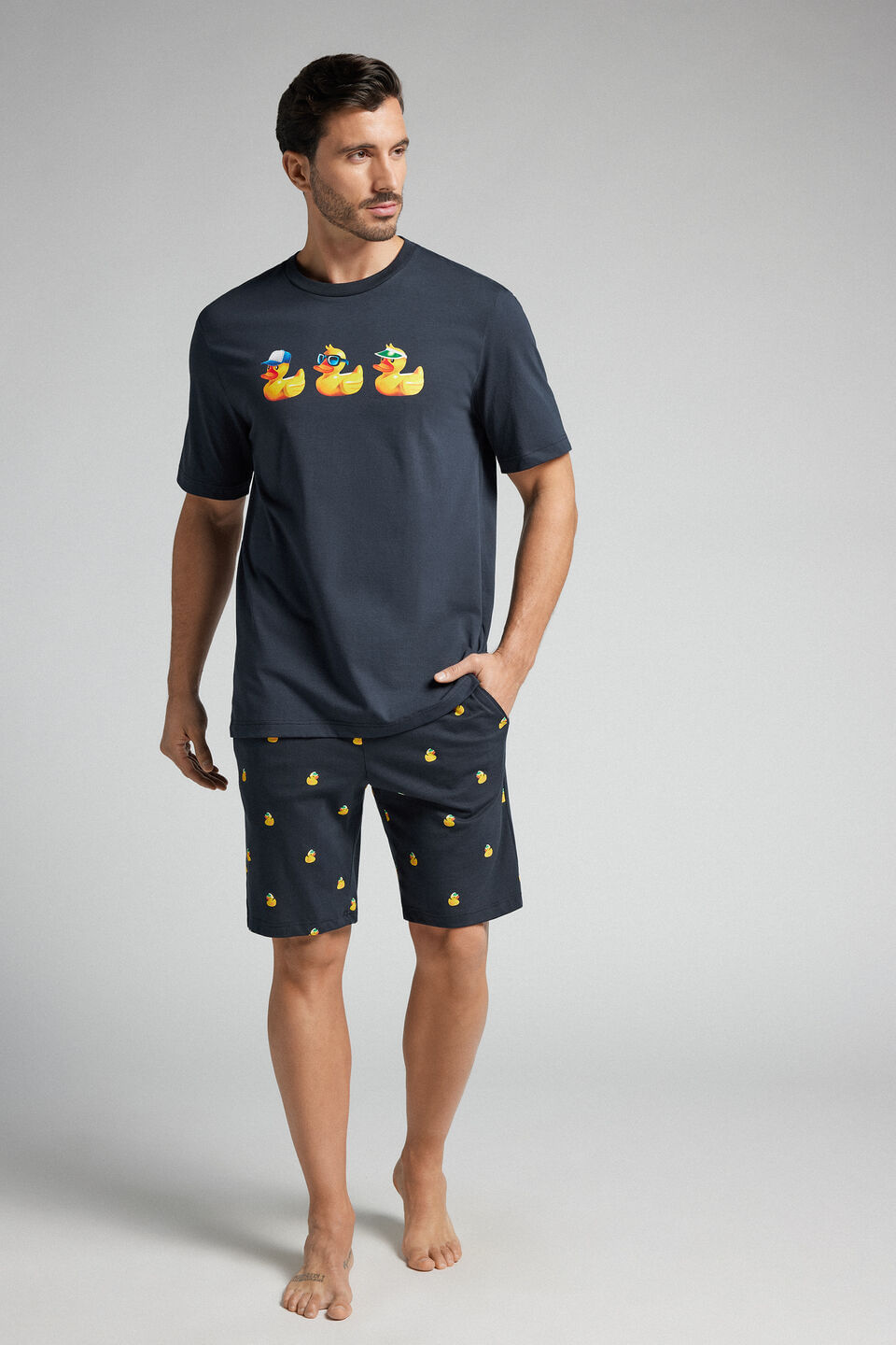 pijama curto com estampa de patos em algodão - azul