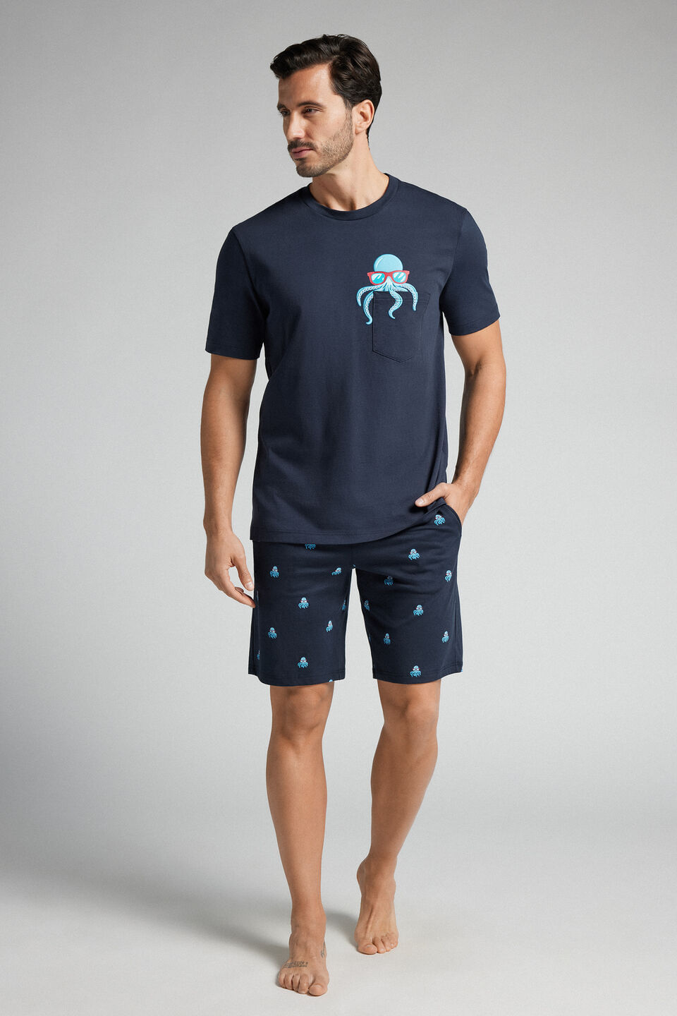 pijama curto com estampa de polvo em algodão - azul