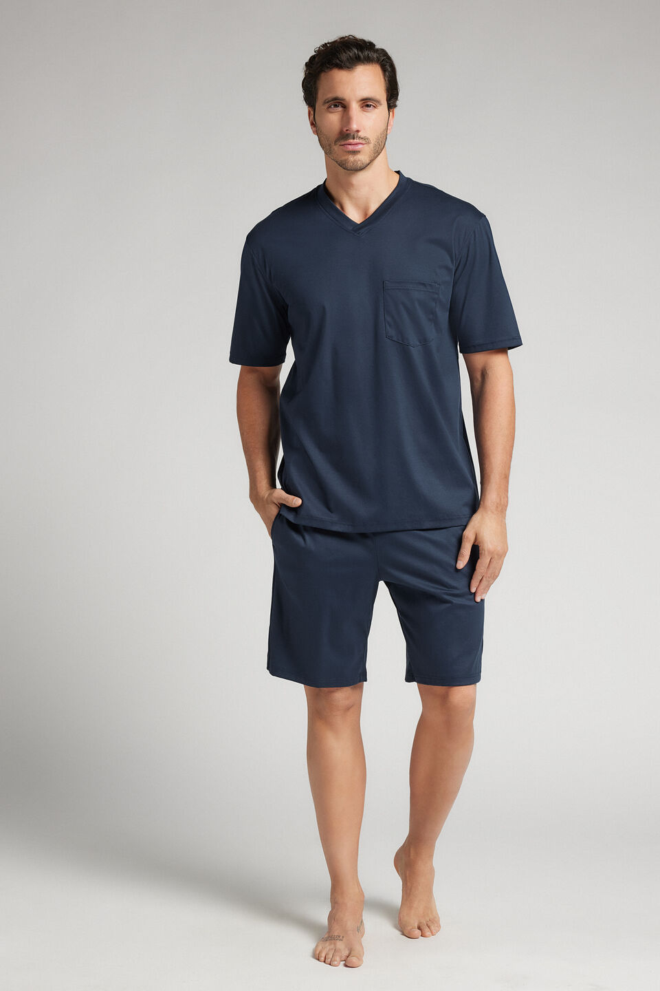 pijama curto em algodão premium - azul