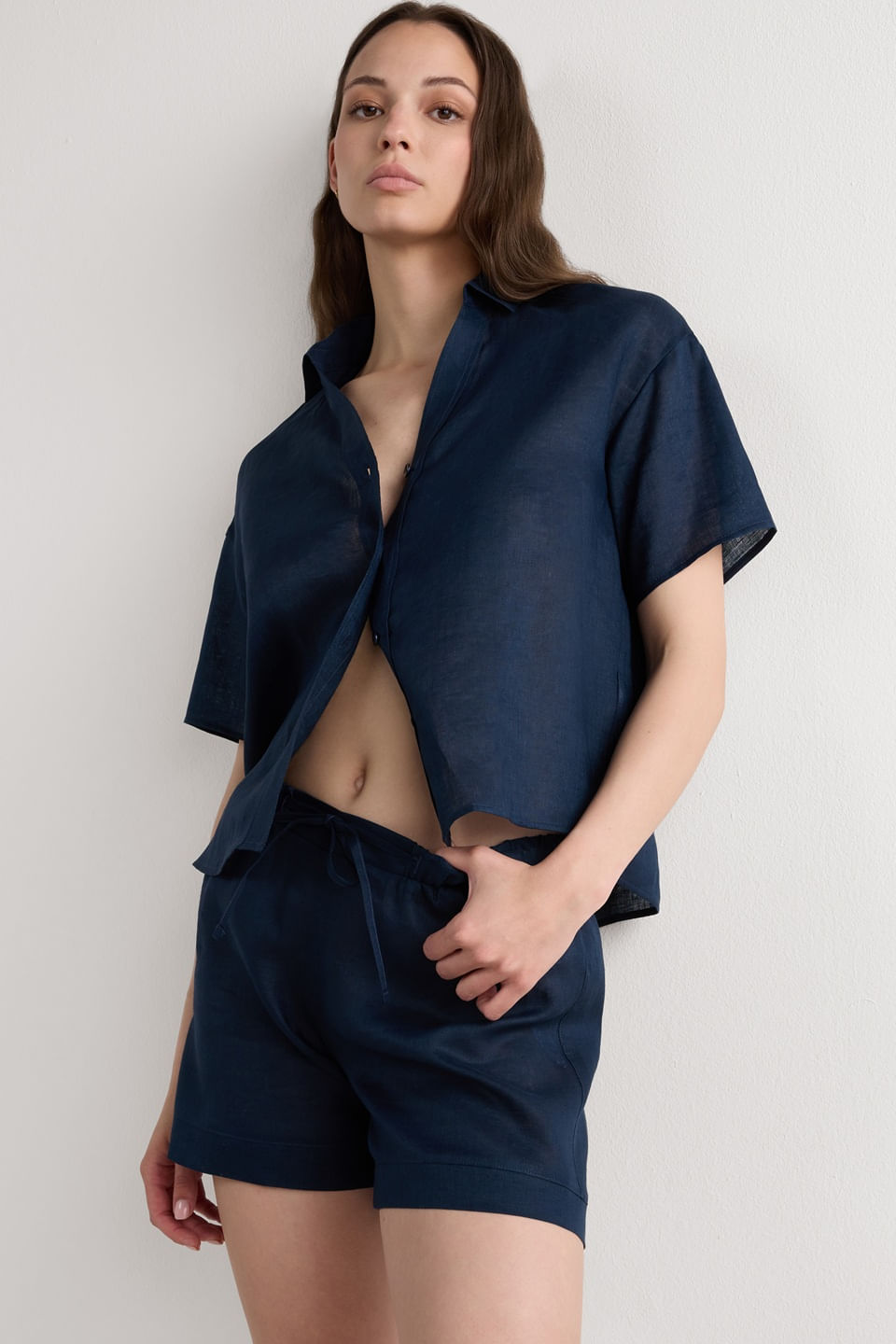 camisa de manga curta em linho - azul