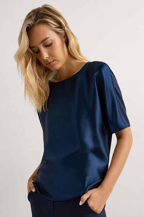 blusa manga curta em seda e modal - azul