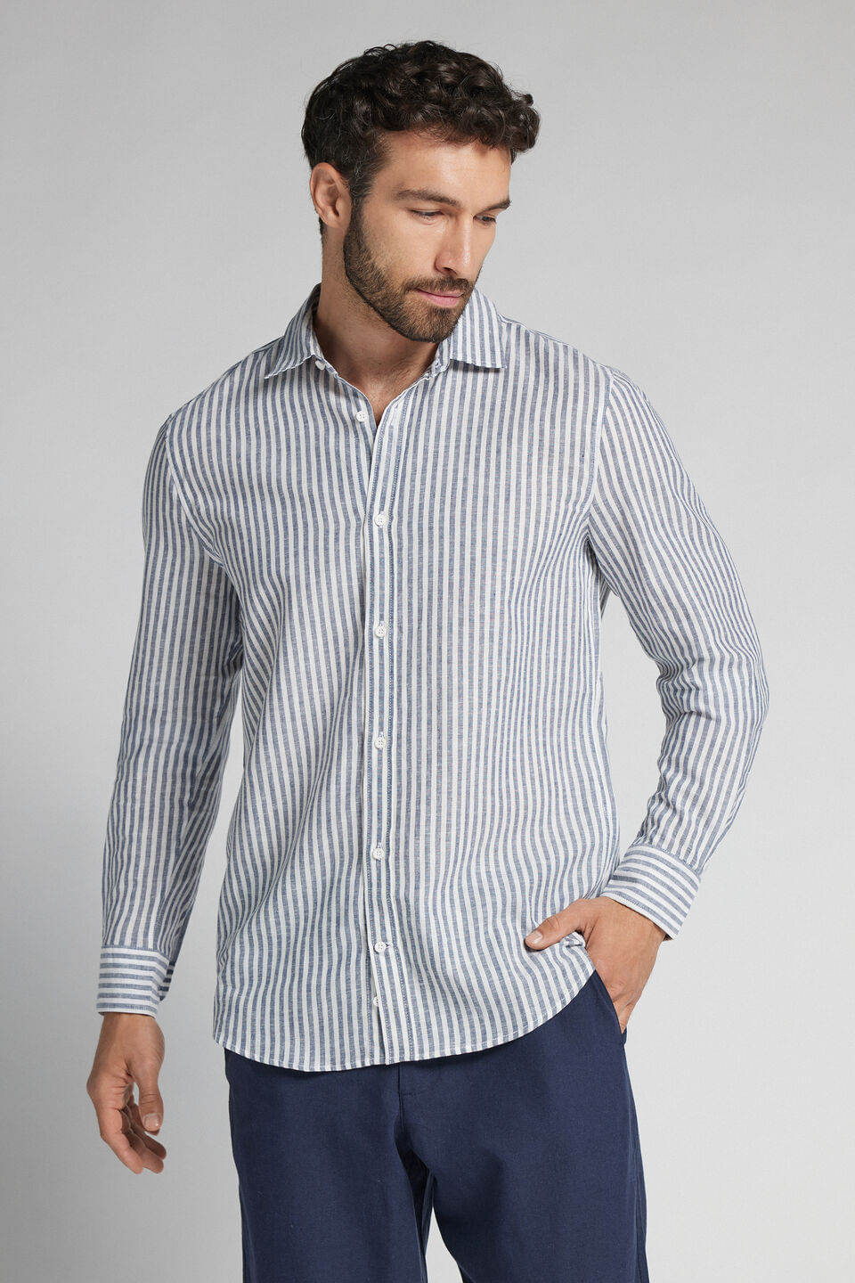 camisa em linho e algodão - azul