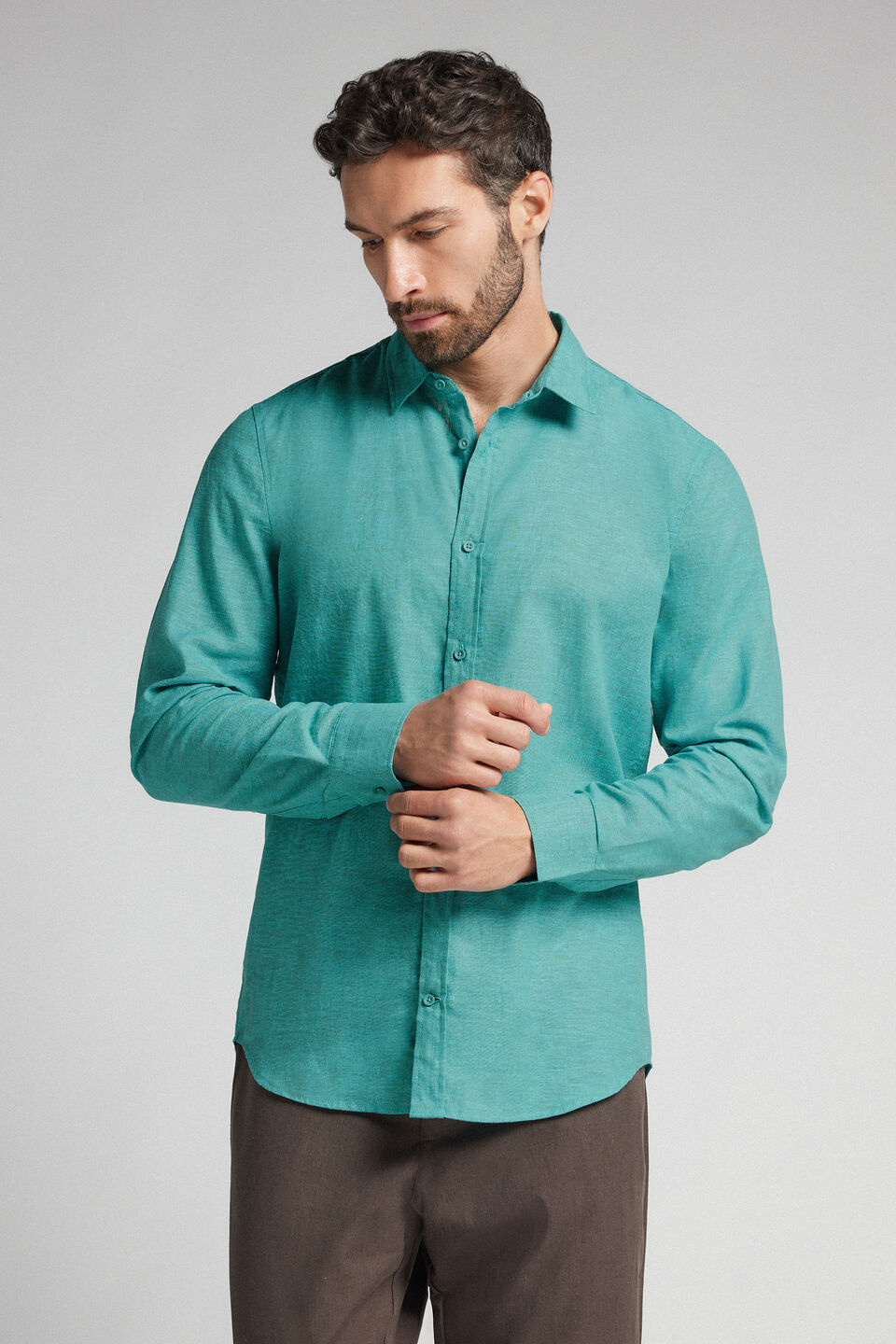 camisa em linho e algodão - verde