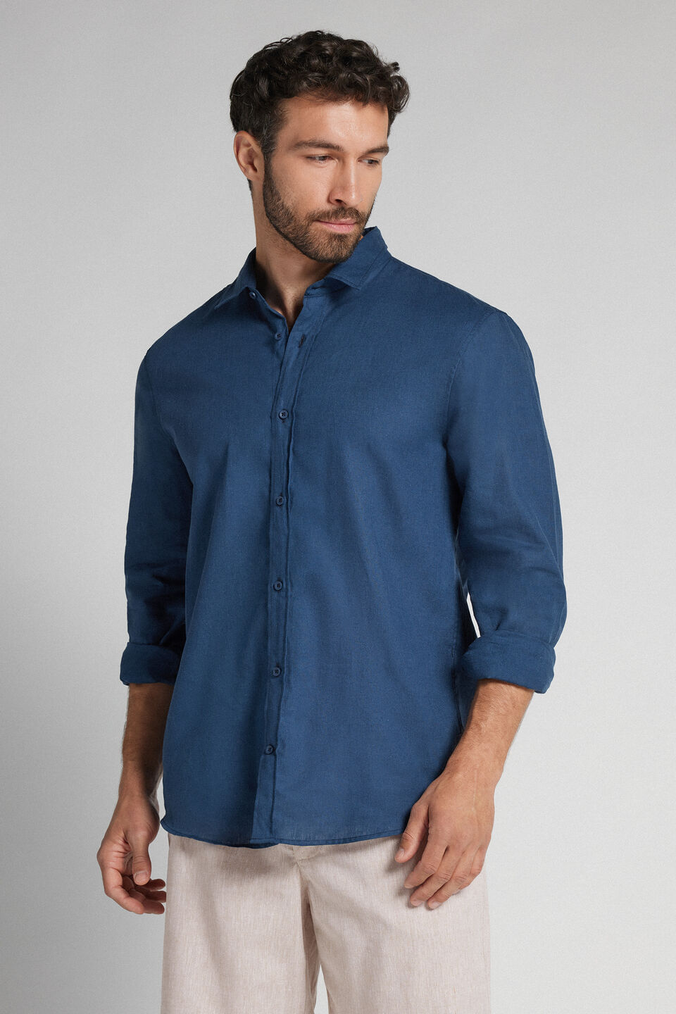 camisa em linho e algodão - azul