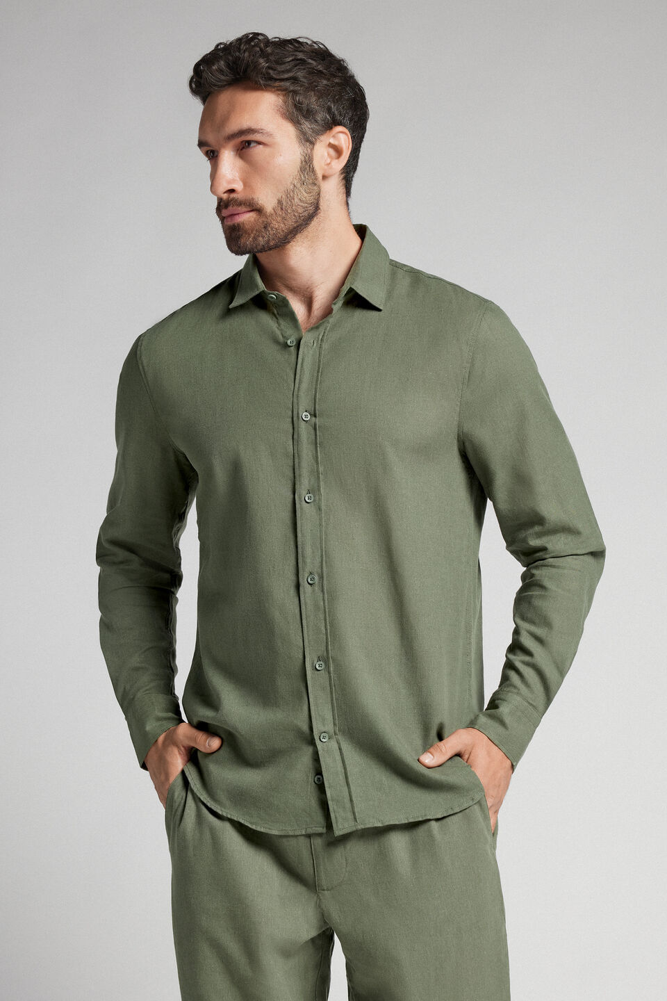 camisa em linho e algodão - verde