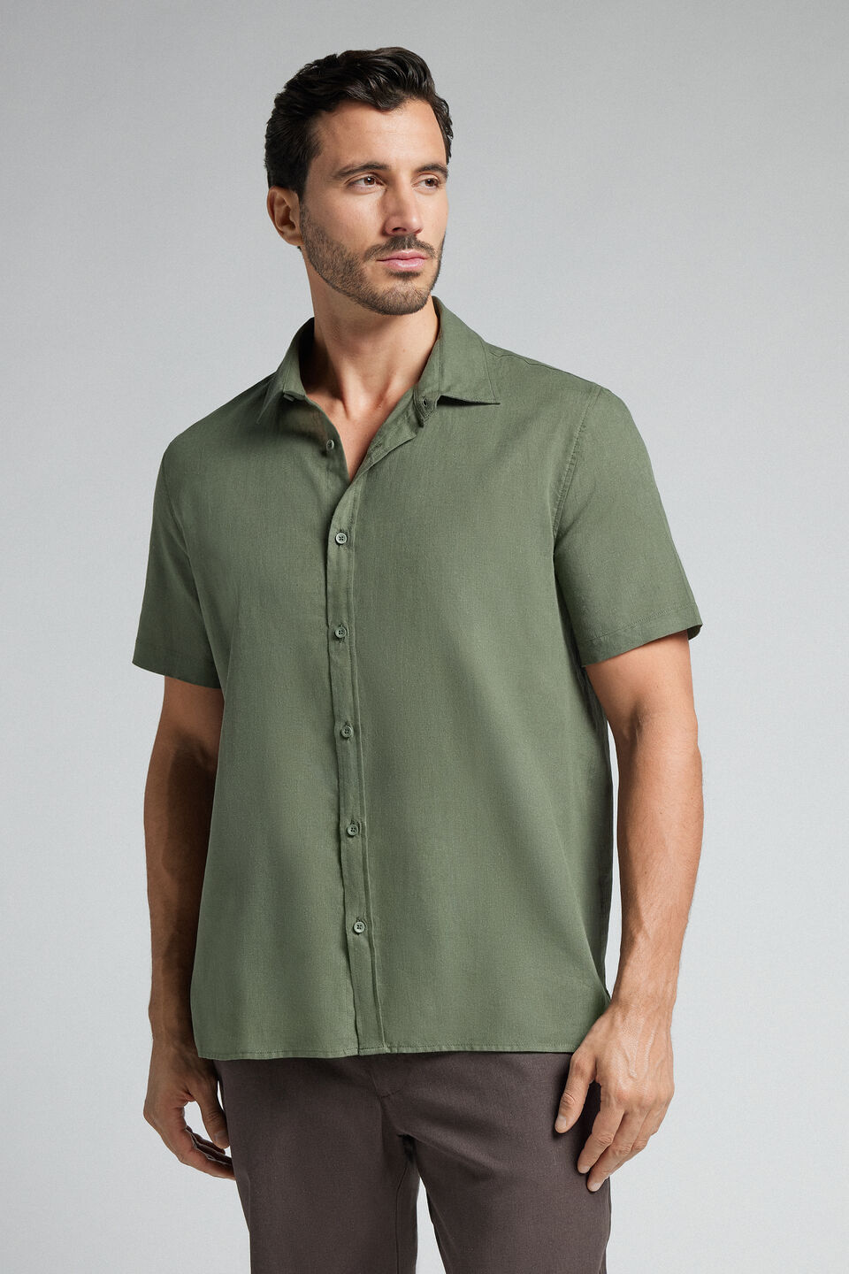 camisa de manga curta em linho e algodão - verde