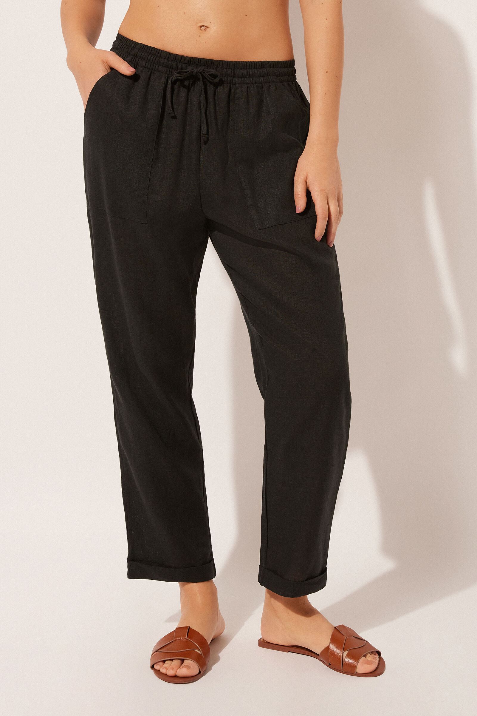 calça reta em linho e viscose - preto