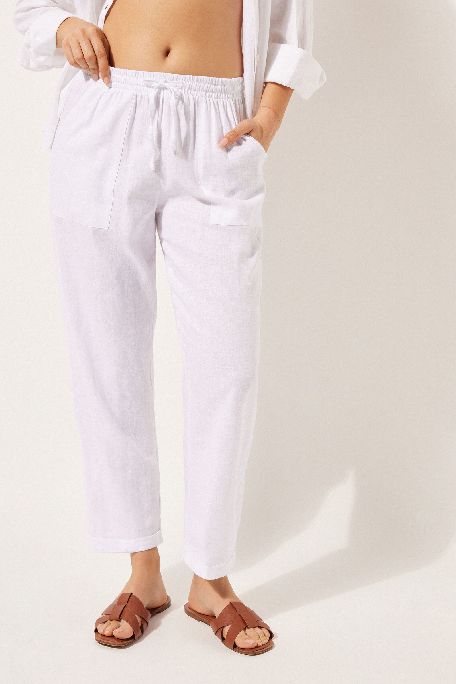 calça reta em linho e viscose - branco
