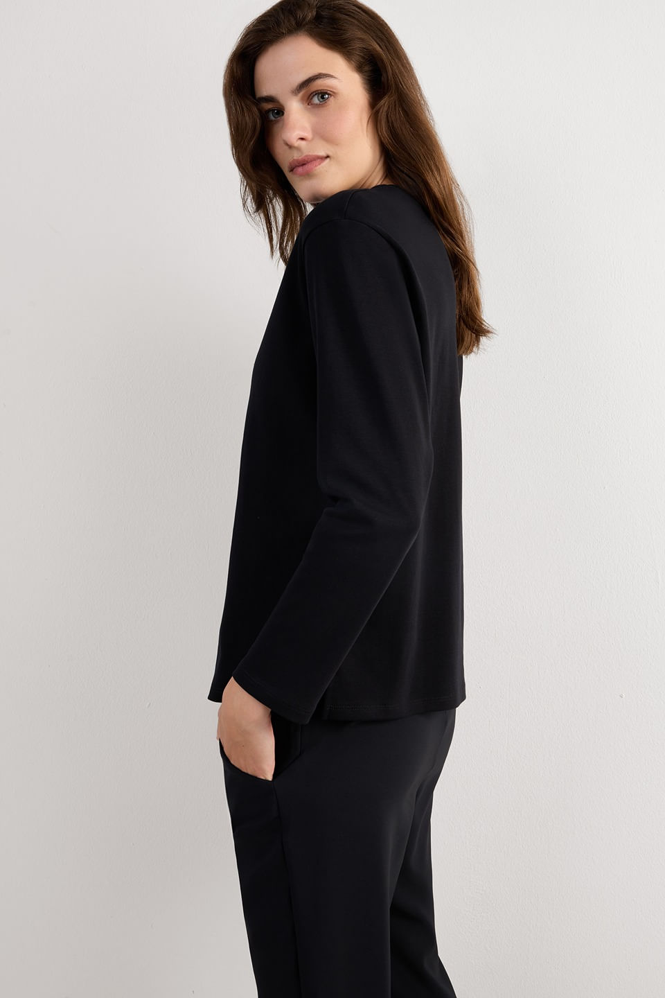 blusa de manga comprida em algodão - preto