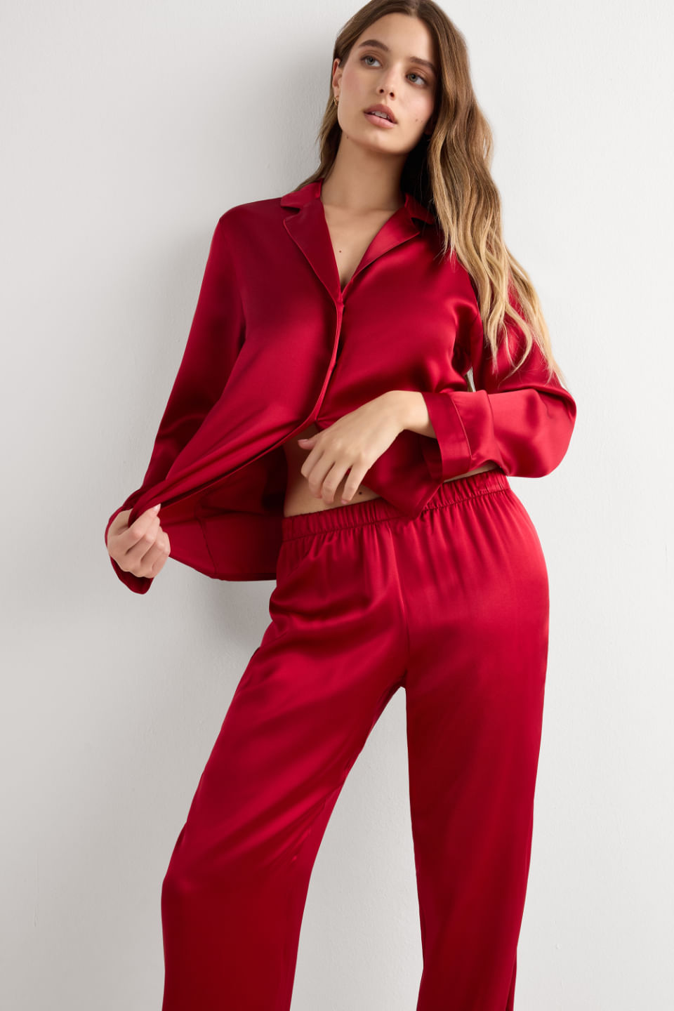 camisa de manga comprida em seda - vermelho