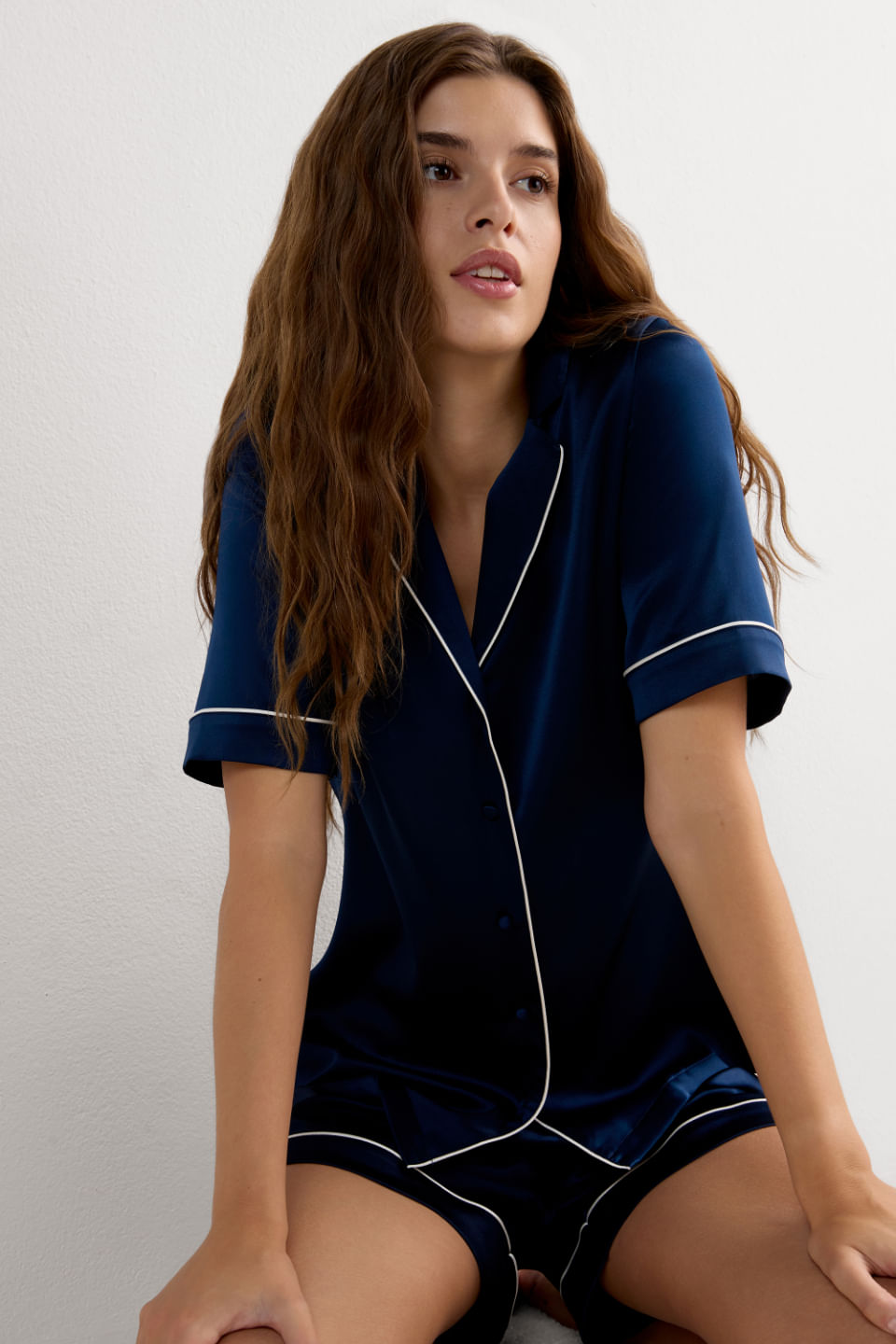 camisa de manga curta em seda - azul