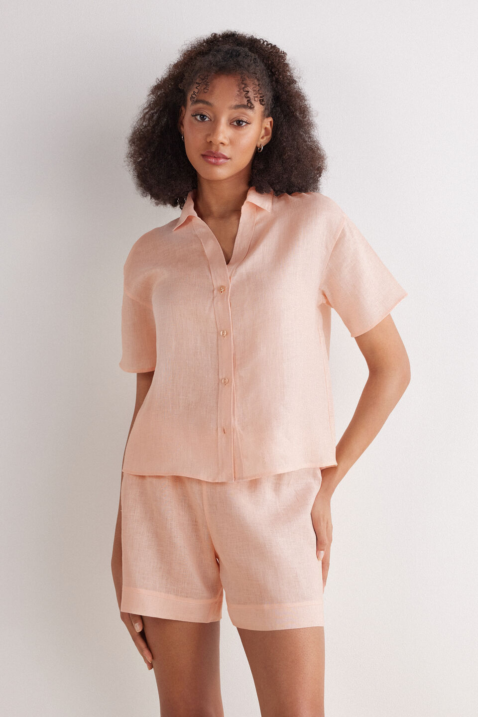 camisa de manga curta em linho the pure linen - rosa