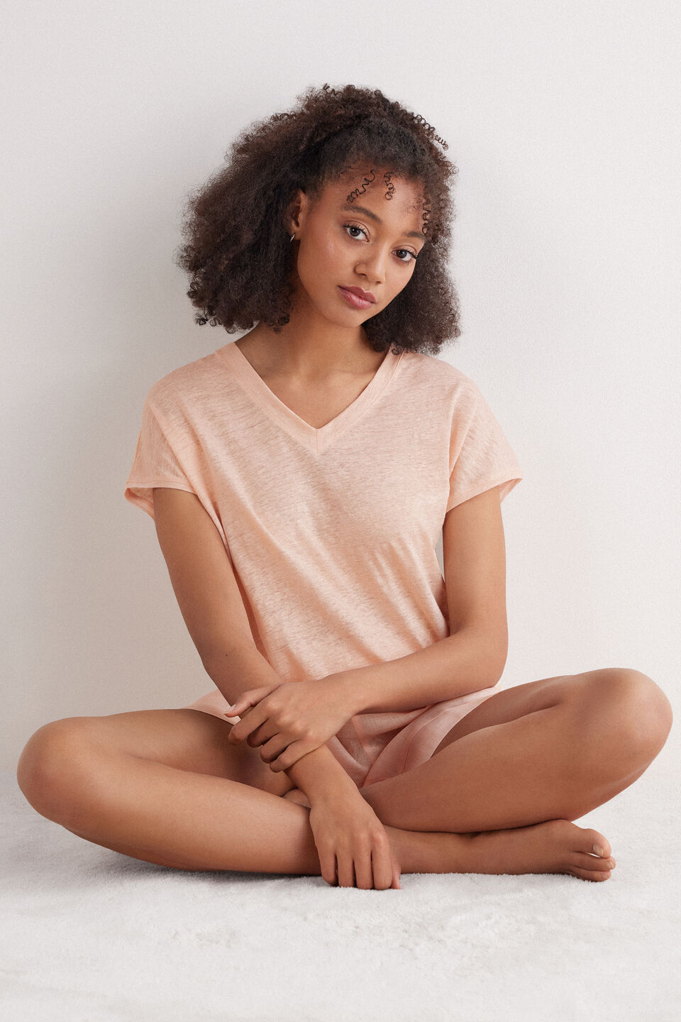 blusa de manga curta em linho com decote em v the pure linen - rosa