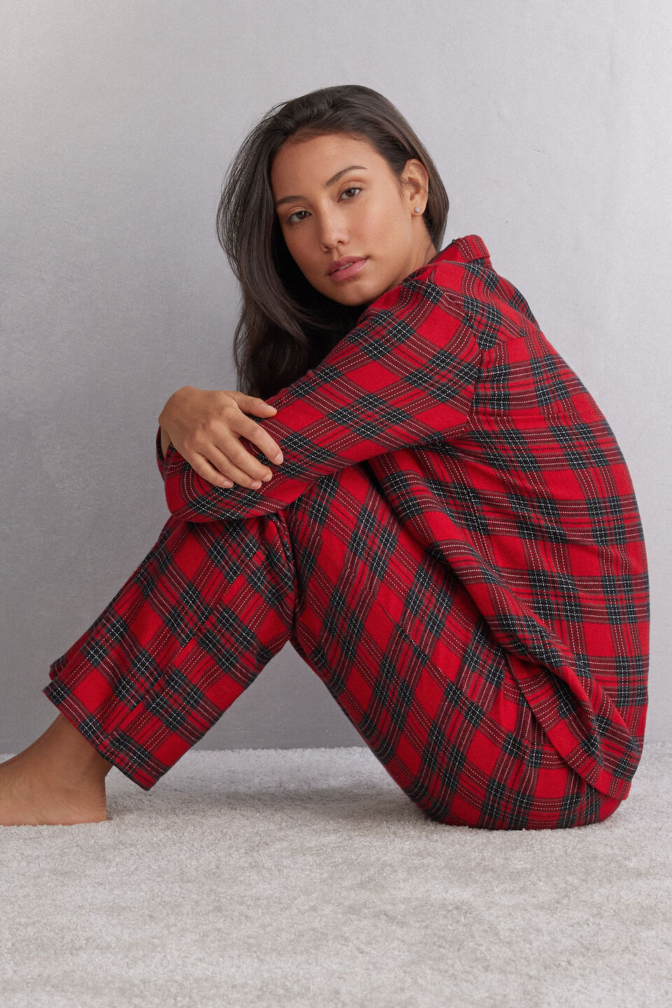 pijama comprido xadrez em algodão - vermelho