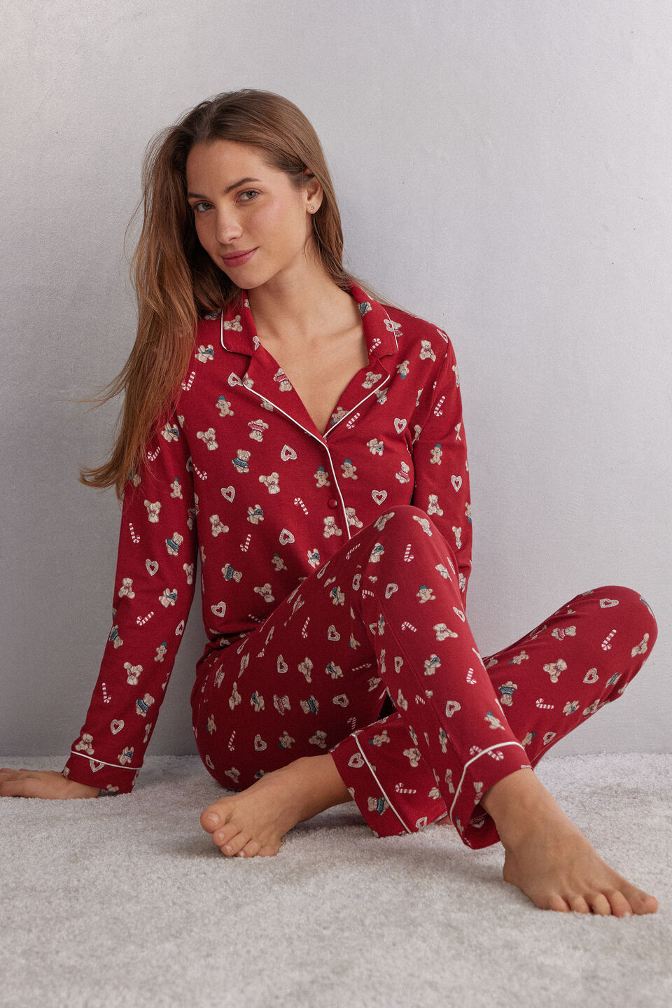 pijama comprido teddy christmas em modal - vermelho